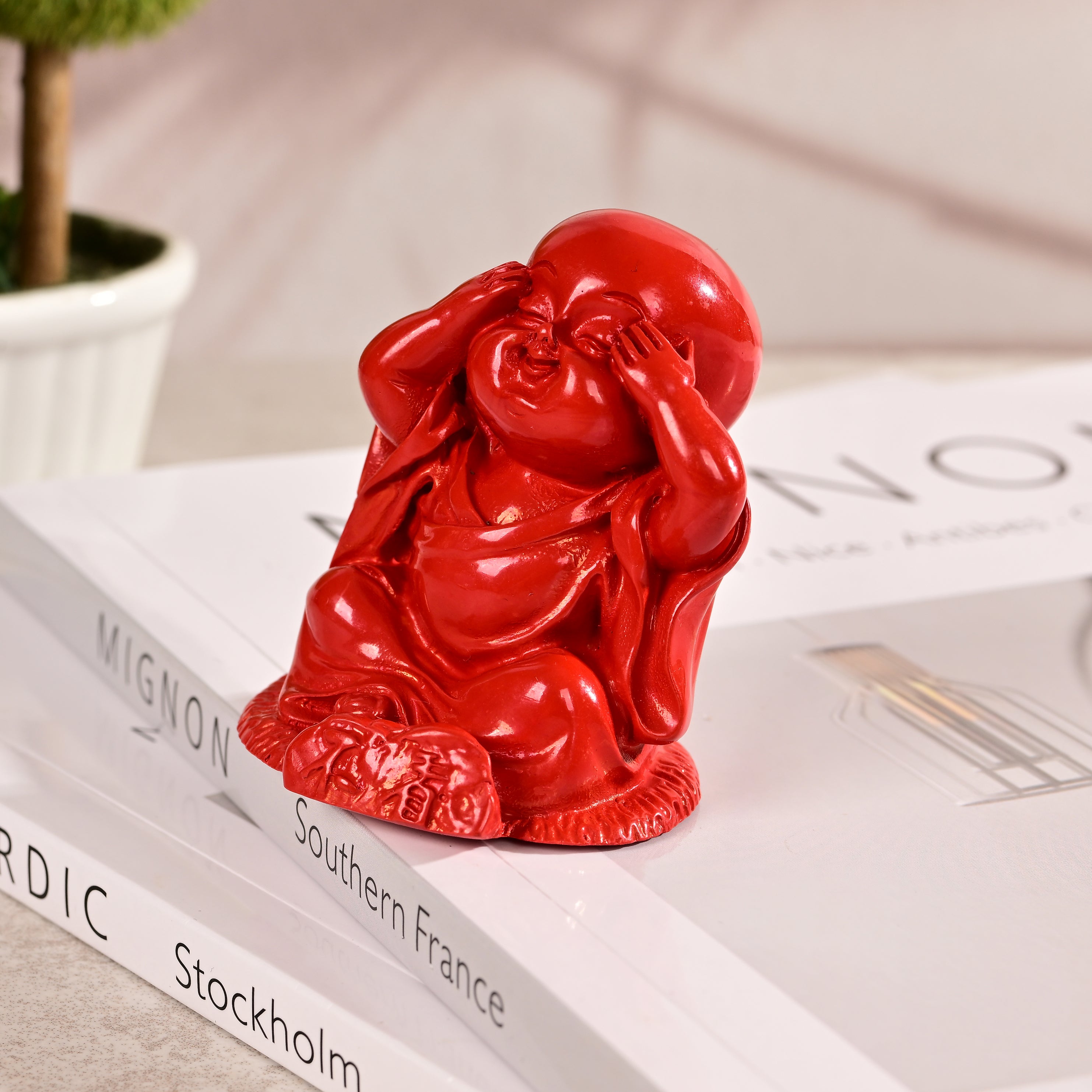 See No Evil Buddha Cinnabar Carving