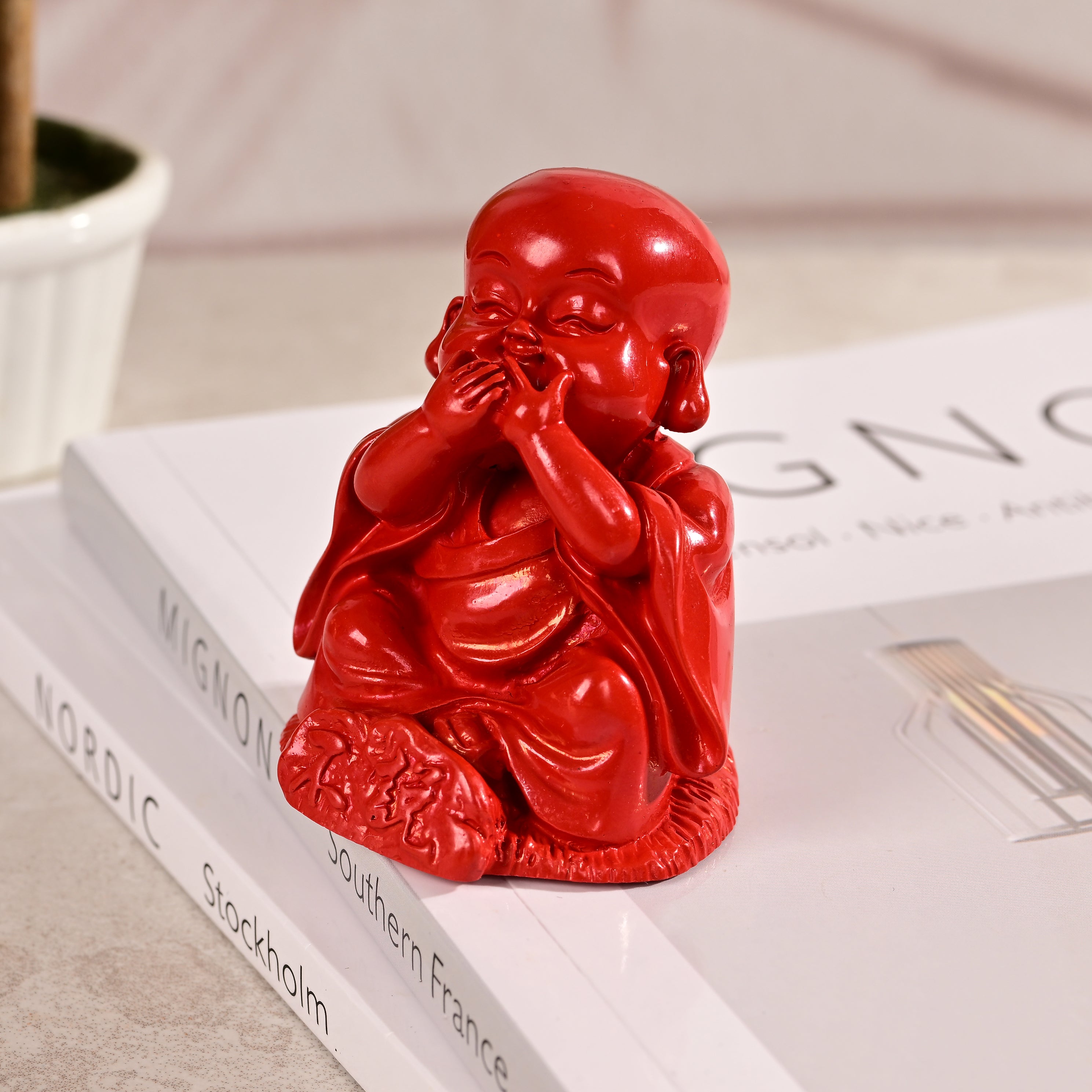 Speak No Evil Buddha Cinnabar Carving