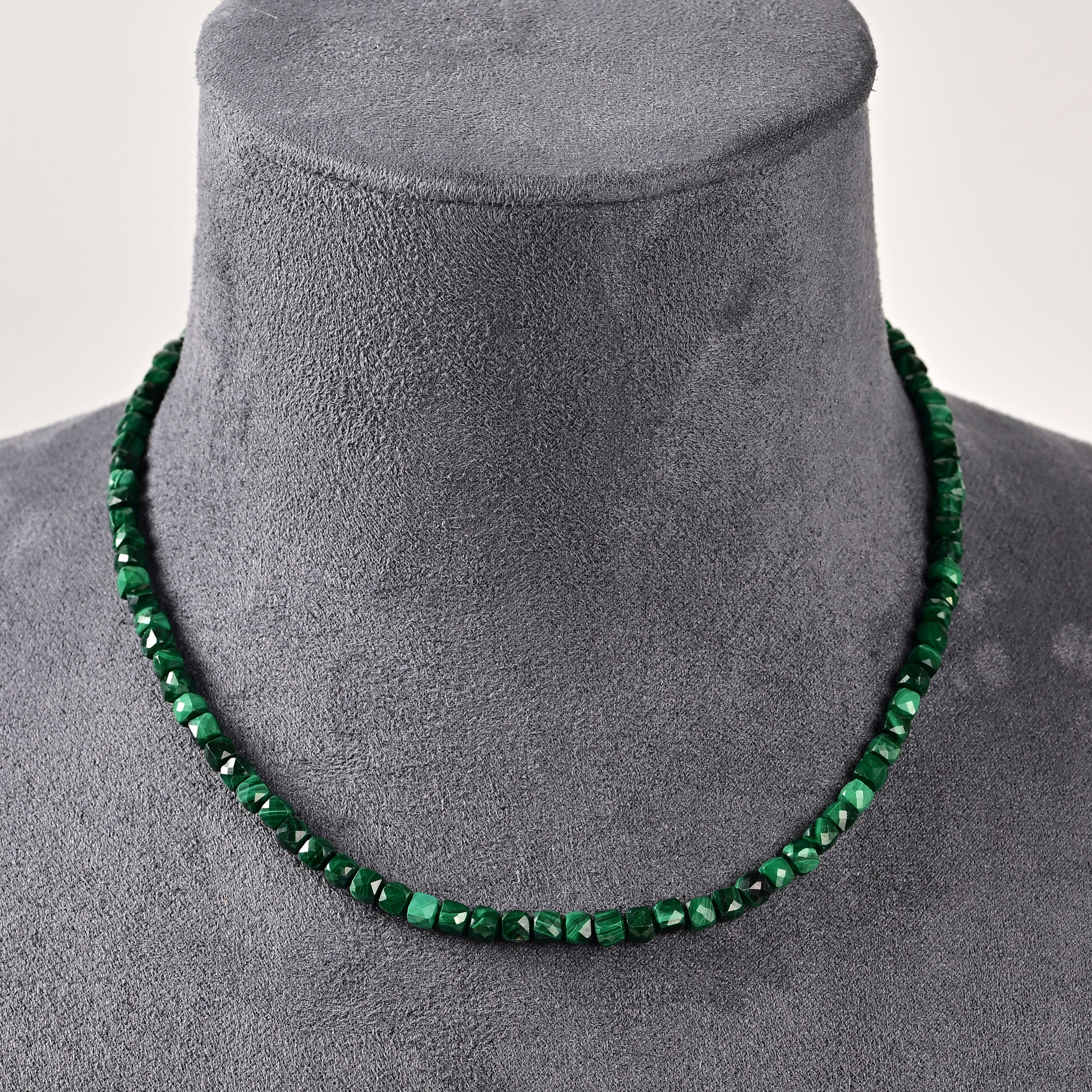 Natural Malachite Faceted 4mm Barrel 16in Necklace with Sterling Silver Extender