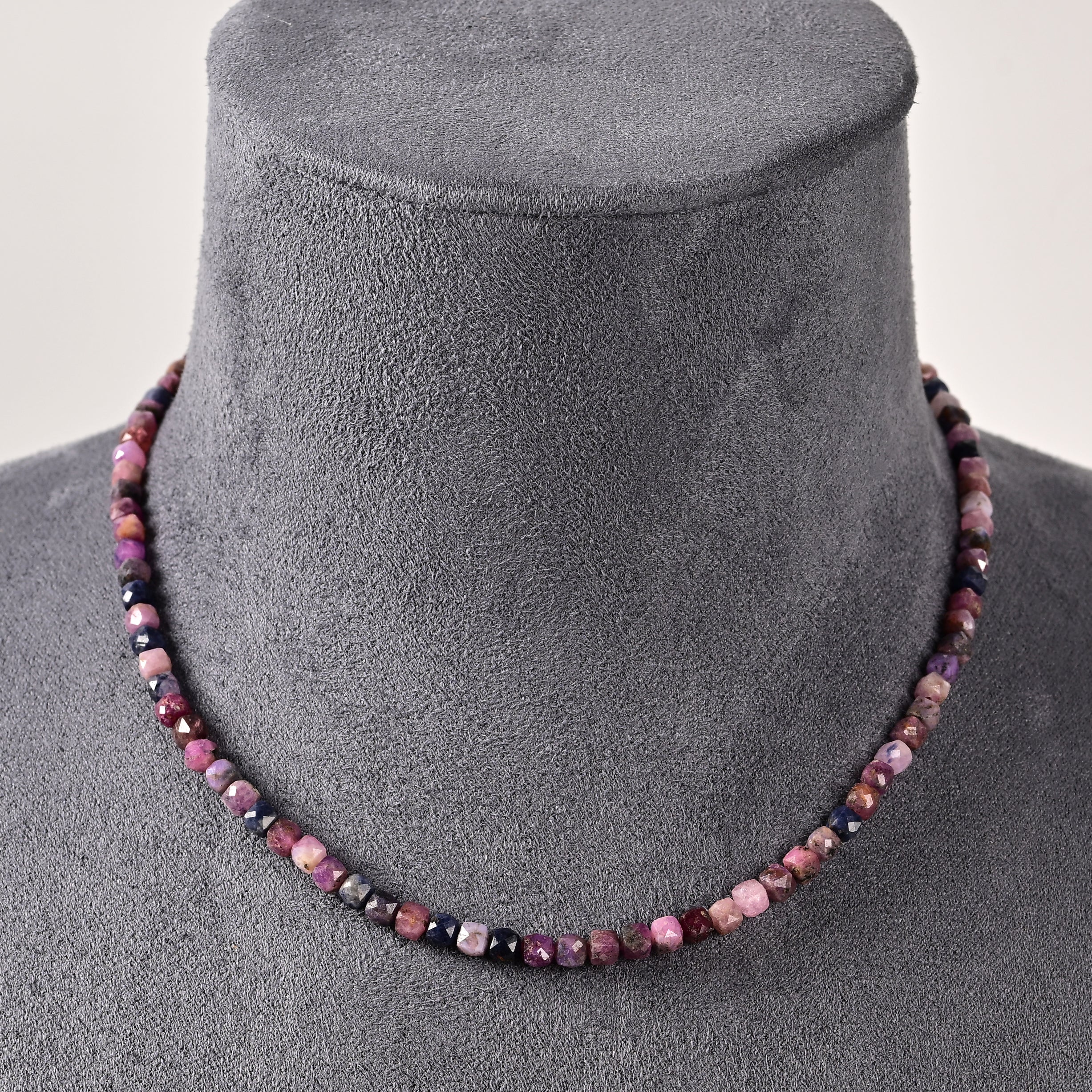 Natural Ruby Sapphire Faceted 4mm Barrel 16in Necklace with Sterling Silver Extender