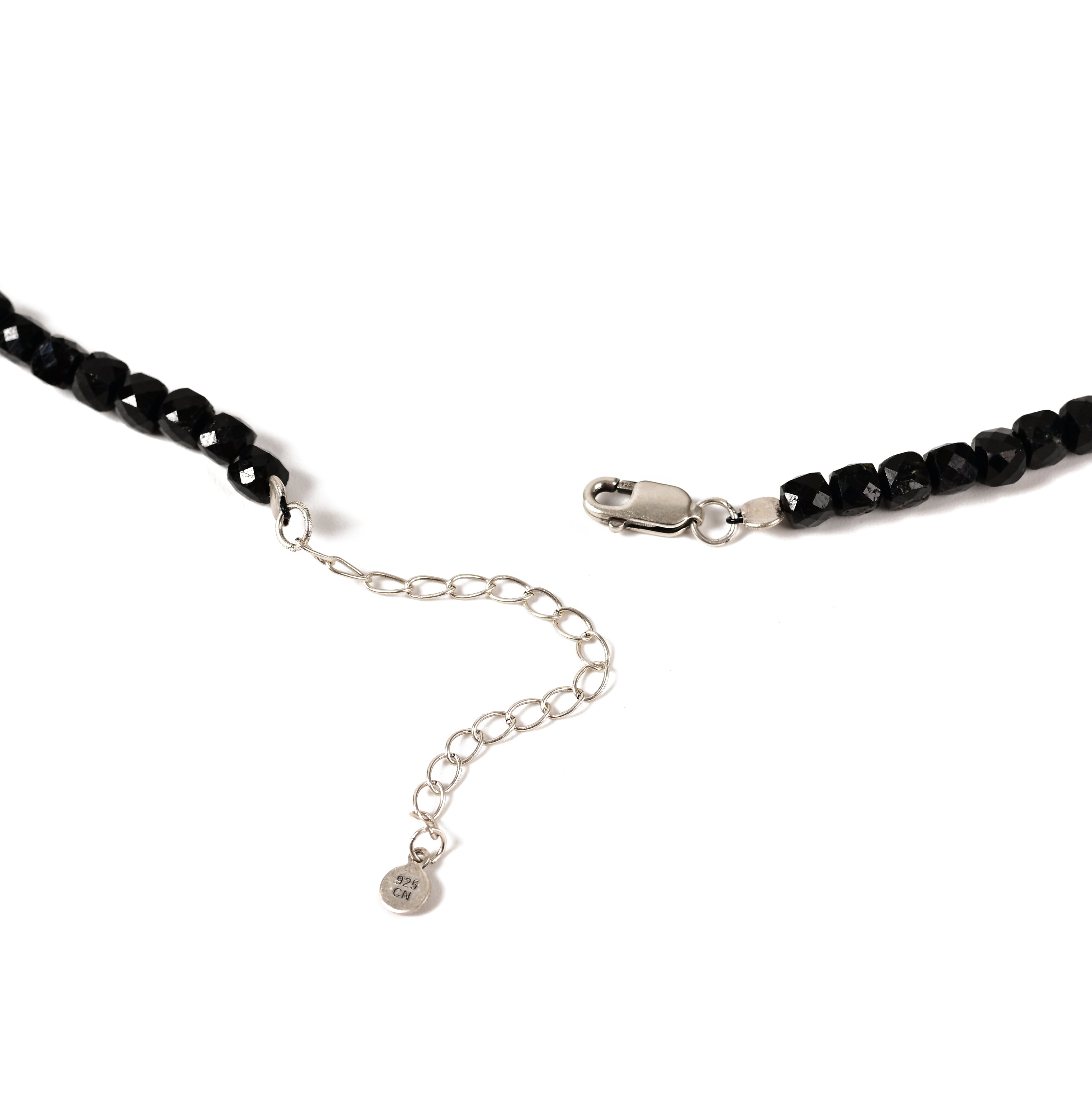 Natural Black Tourmaline Faceted 4mm Barrel 16in Necklace with Sterling Silver Extender