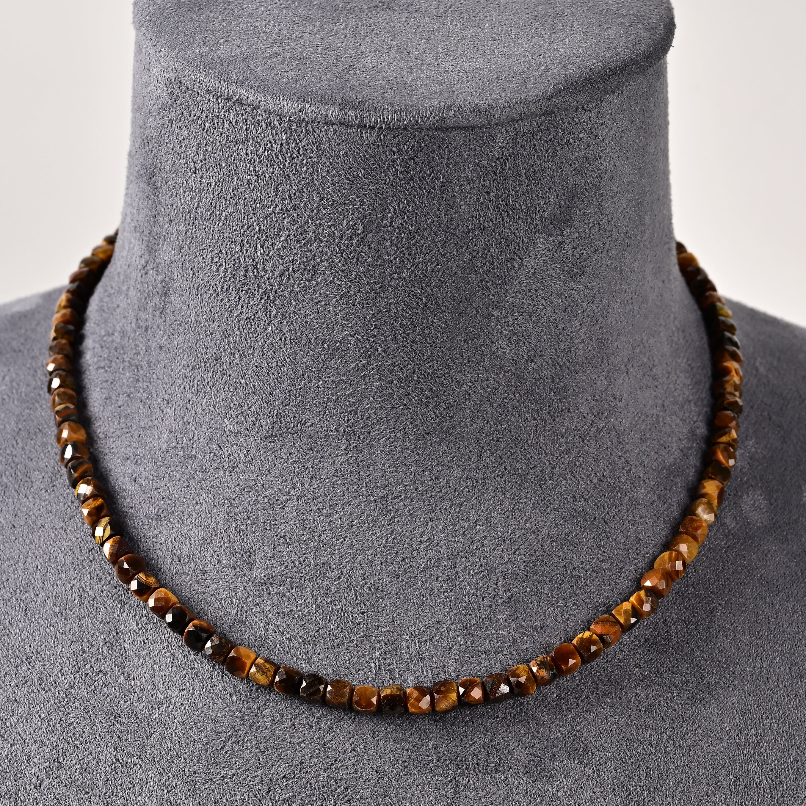 Natural Tiger Eye Faceted 4mm Barrel 16in Necklace with Sterling Silver Extender