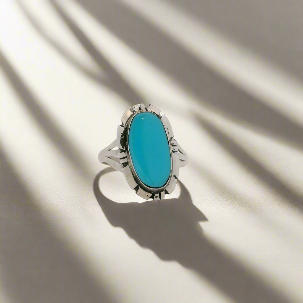 Calvin Spencer Kingman Turquoise Navajo USA Native American Made 925 Sterling Silver Ring