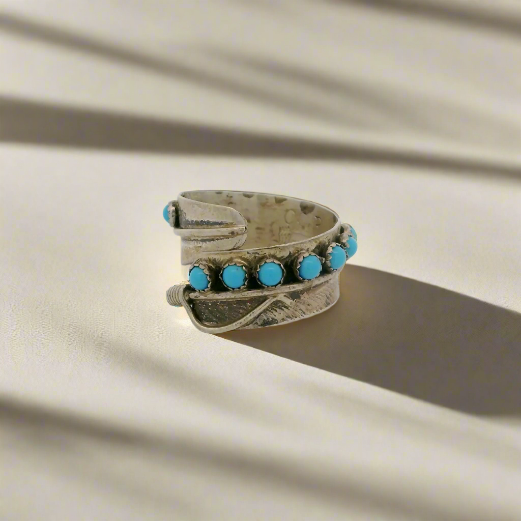 Byron Begay Sleeping Beauty Turquoise Feather Navajo USA Native American Made 925 Sterling Silver Adjustable Ring