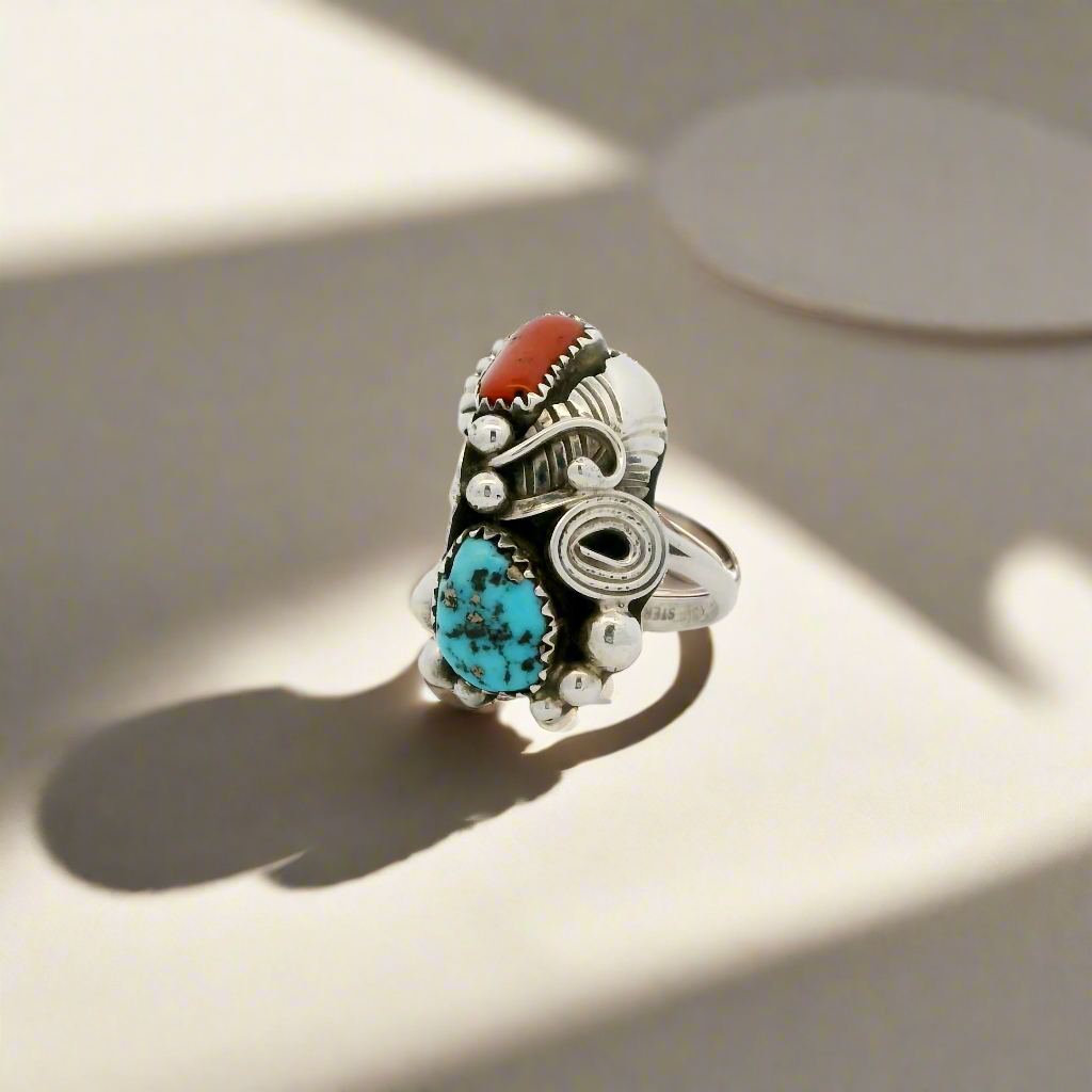 Caroline Nez Coral & Turquoise Navajo USA Native American Made 925 Sterling Silver Ring