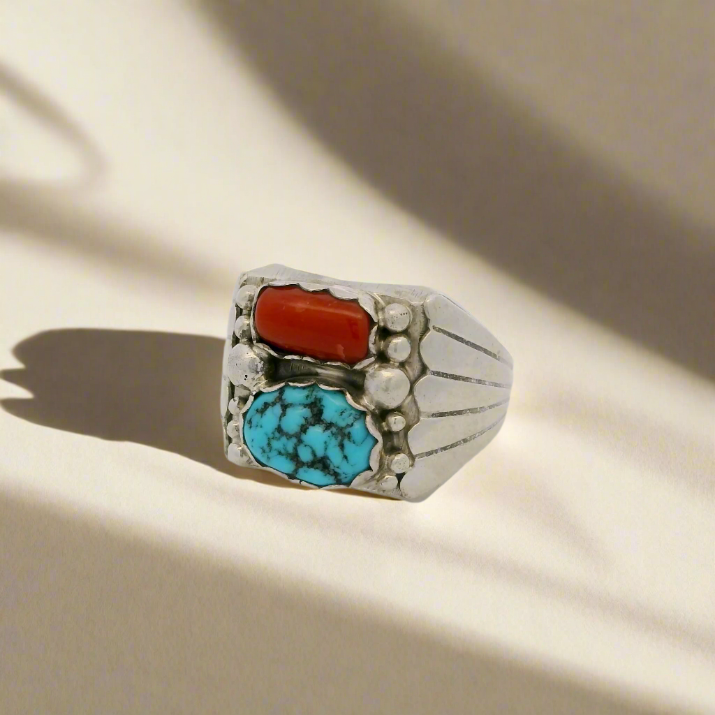 Alvery Smith Turquoise & Coral Navajo USA Native American Made 925 Sterling Silver Ring