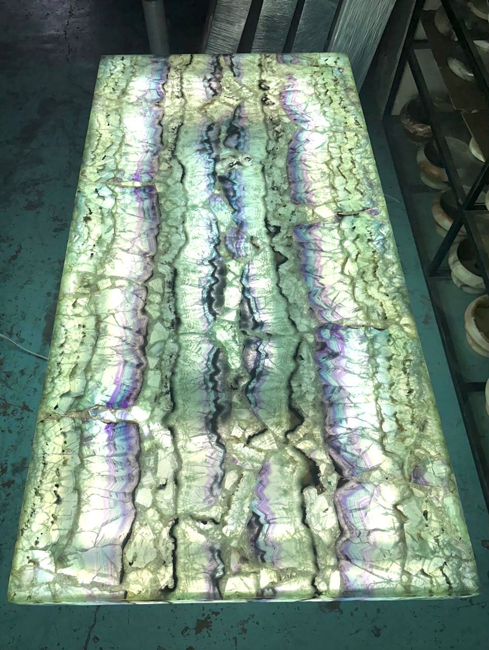 Natural Fluorite Table - 5 ft x 2.5 ft | Hand-Crafted with LED Lighting