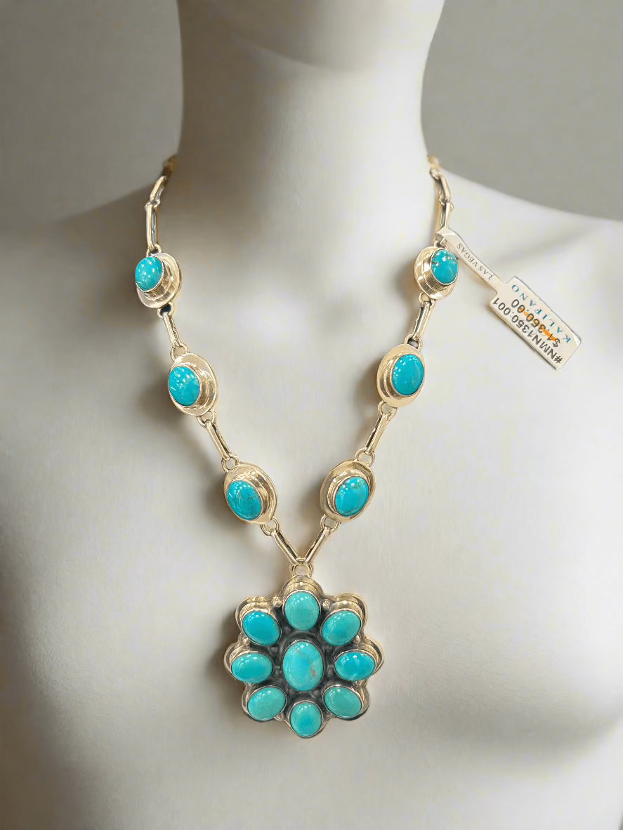 Alexander Kalifano Southwest Silver Jewelry Kingman Turquoise Flower USA Handmade 925 Sterling Silver Necklace NMN1350.001