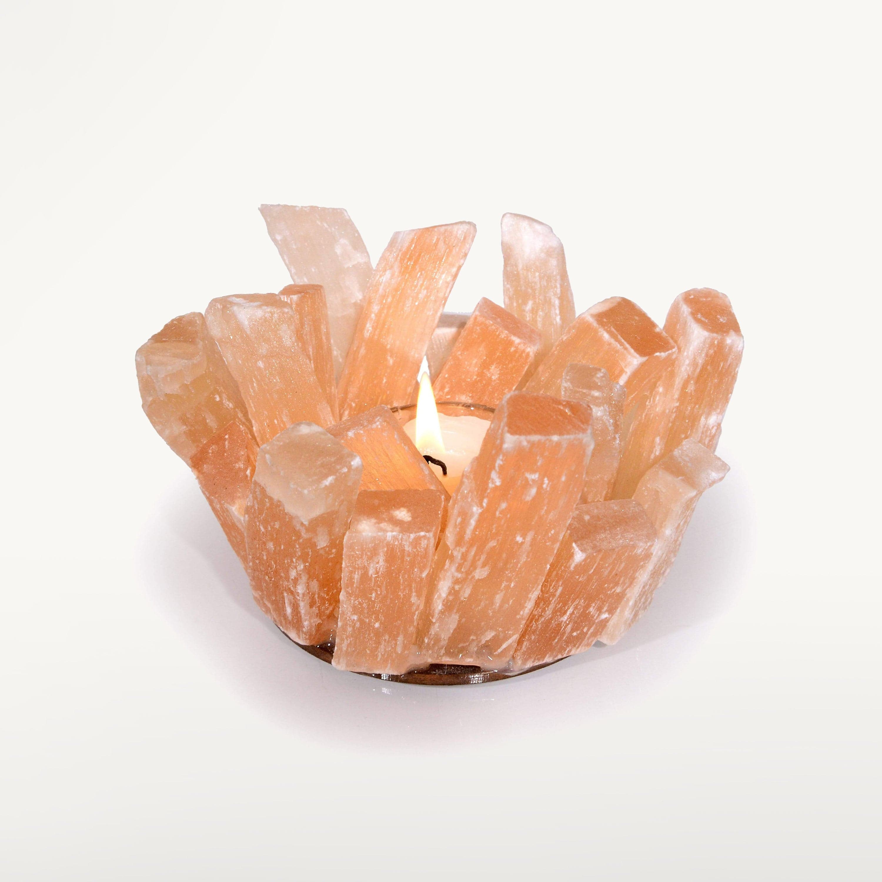 Kalifano Candle Holders Natural Peach Selenite Cluster Crystal Tealight Candle Holder GCH-13