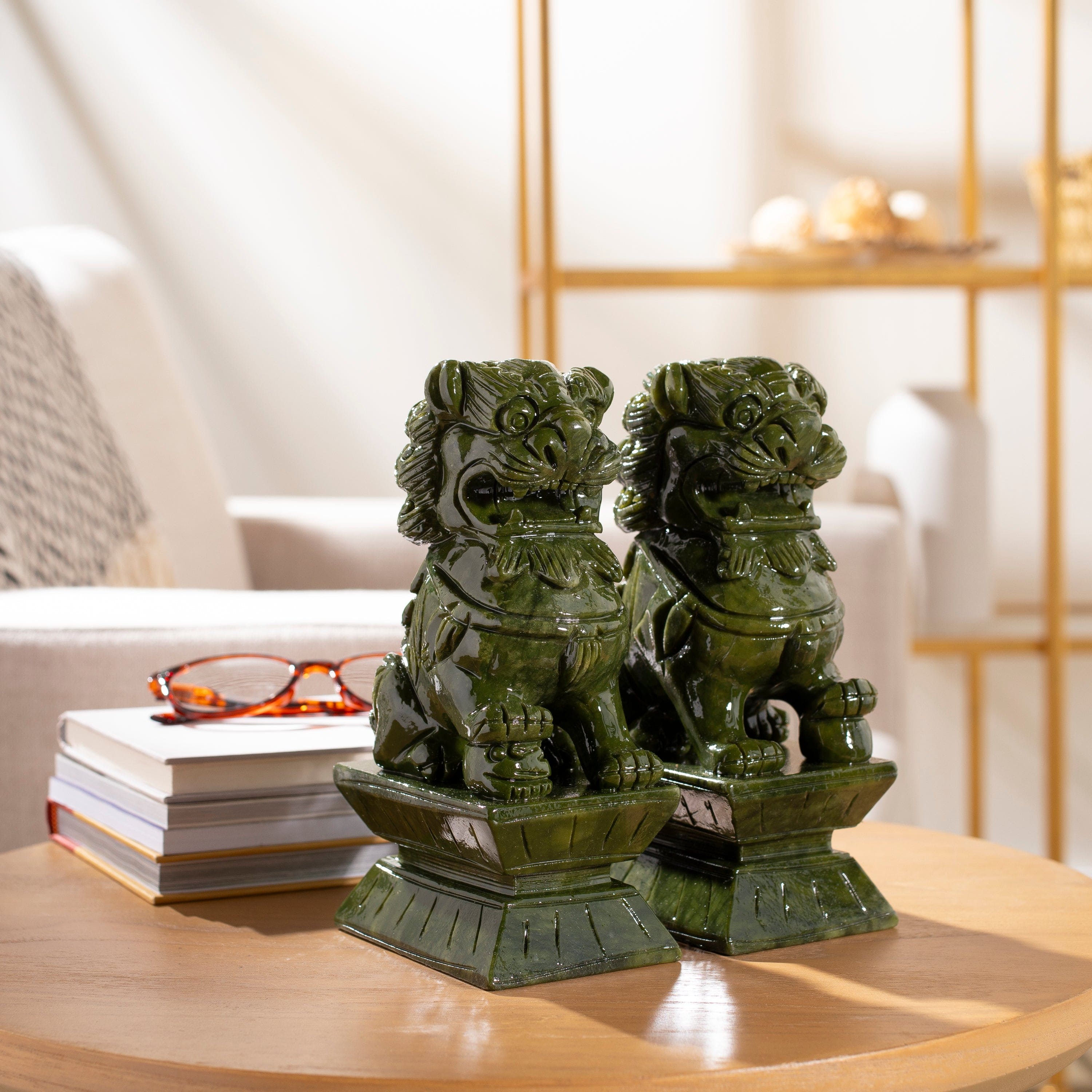 Kalifano Crystal Carving Protective Foo Dog Jade Carving Pair - A Symbol of Good Luck and Protection CV230-FD-JADE