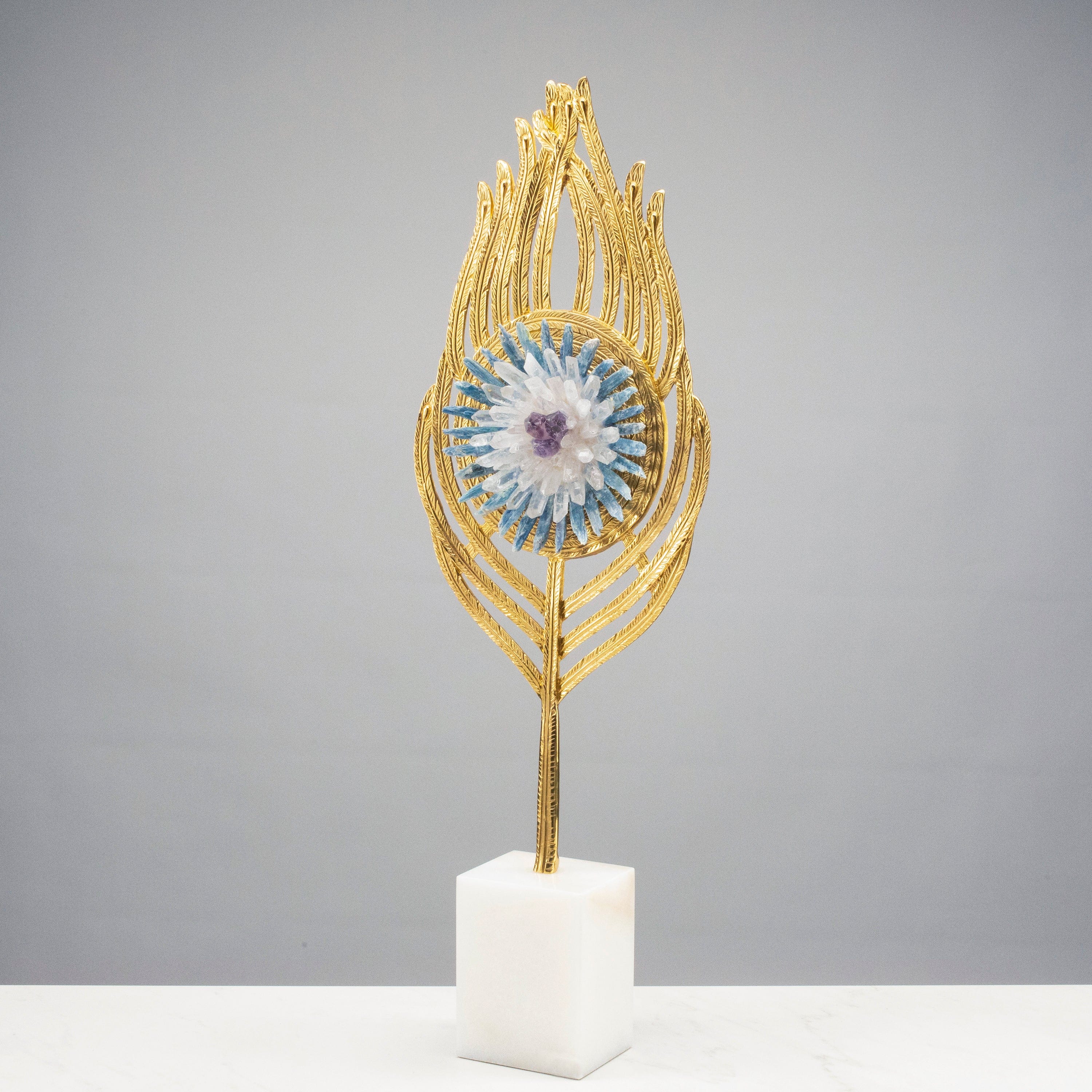 KALIFANO Crystal Home Decor Boho Flower with Kyanite, Quartz, and Amethyst on Brass and Marble Stand HG1334B-MT