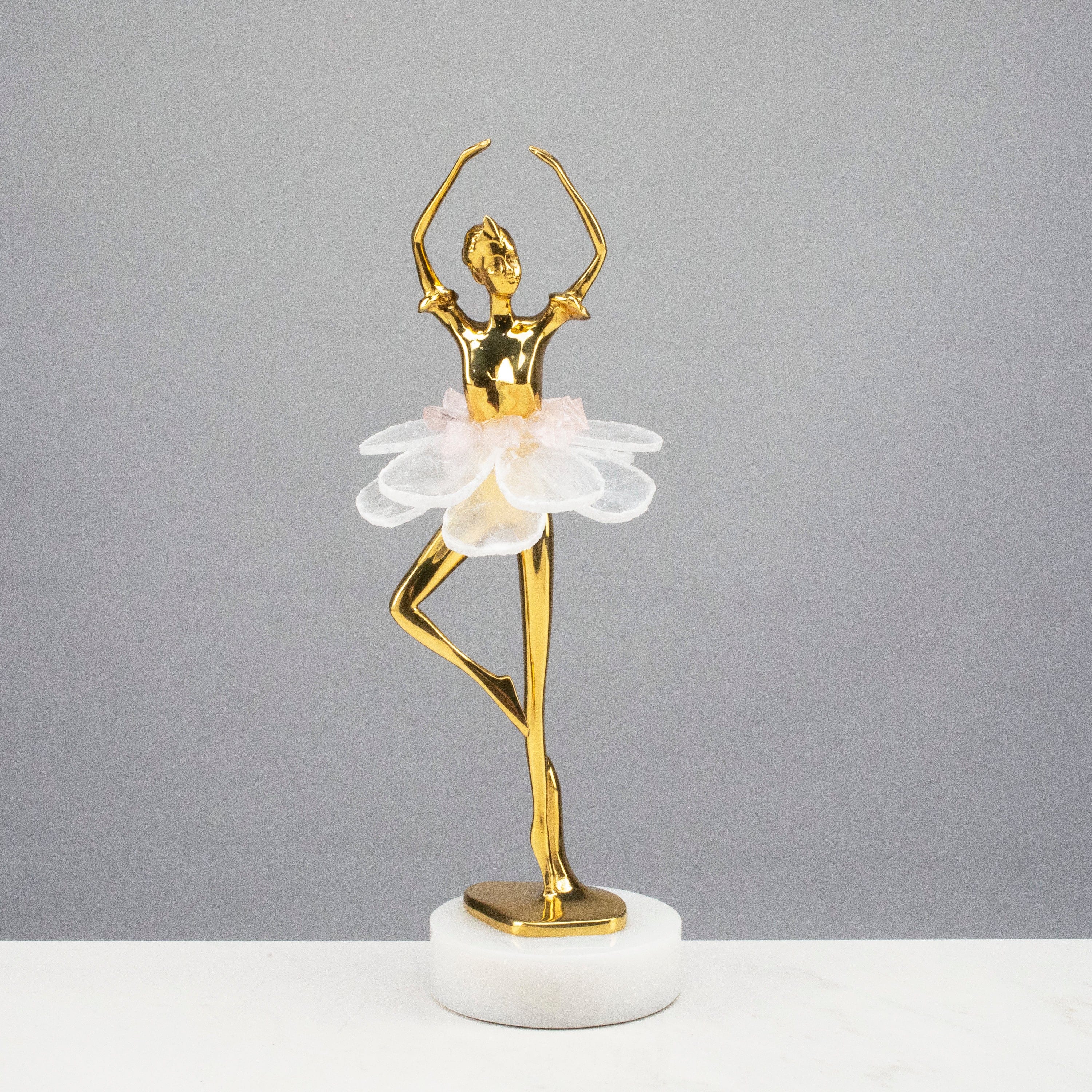 KALIFANO Crystal Home Decor Brass Ballerina with Calcite & Rose Quartz Tutu on Marble Base HG1716C-SL