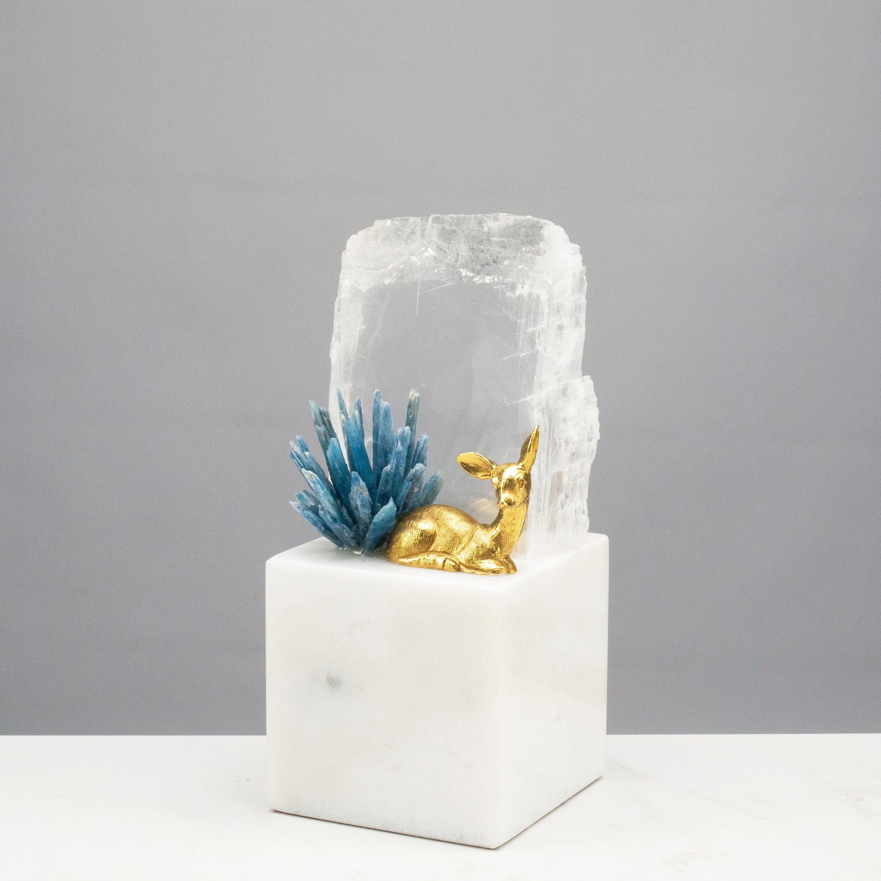 KALIFANO Crystal Home Decor Brass Deer on Marble Base with Calcite and Kyanite HG1493B-MT