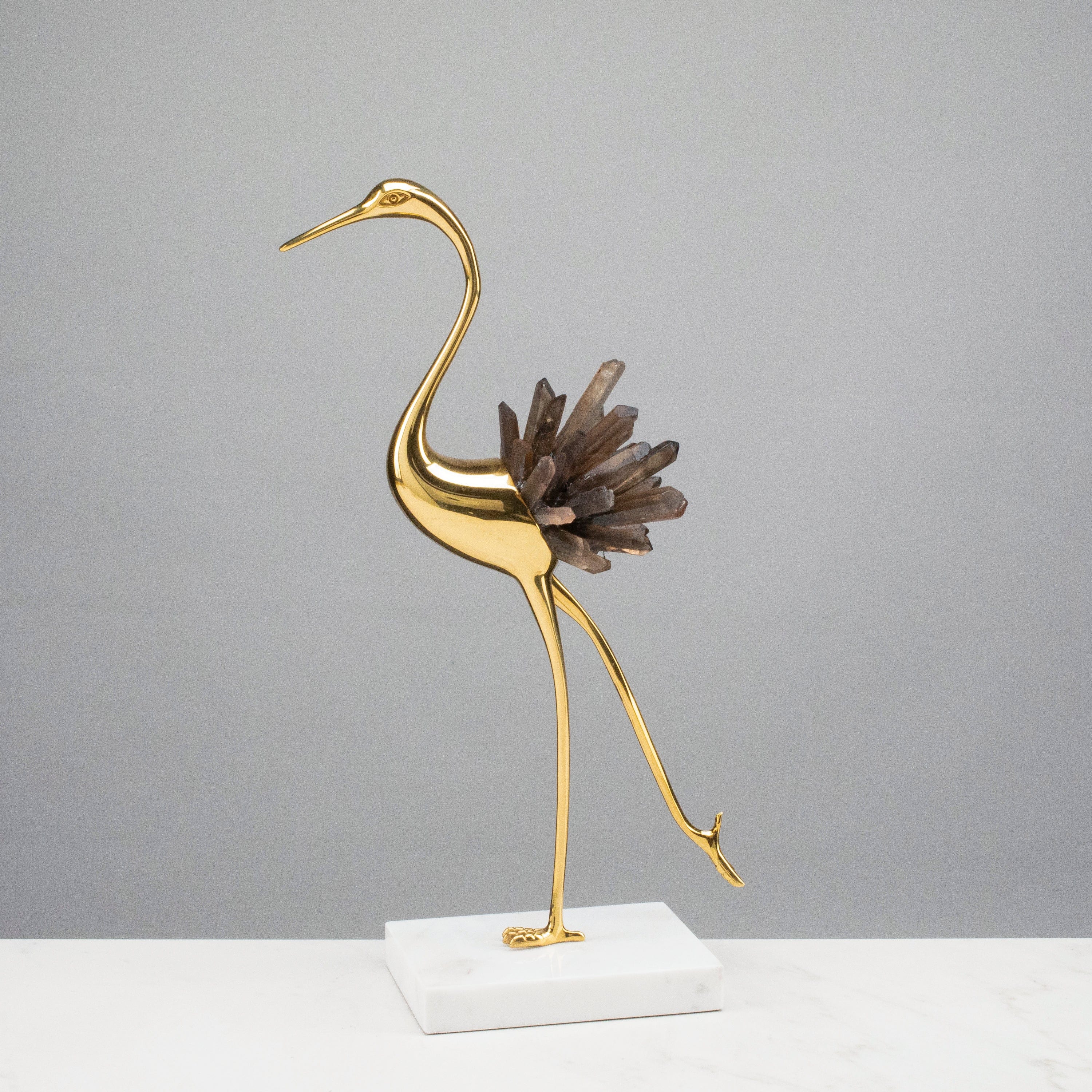 KALIFANO Crystal Home Decor Brass Flamingo with Smoky Quartz Cluster on Marble Stand HG1343B-SQ