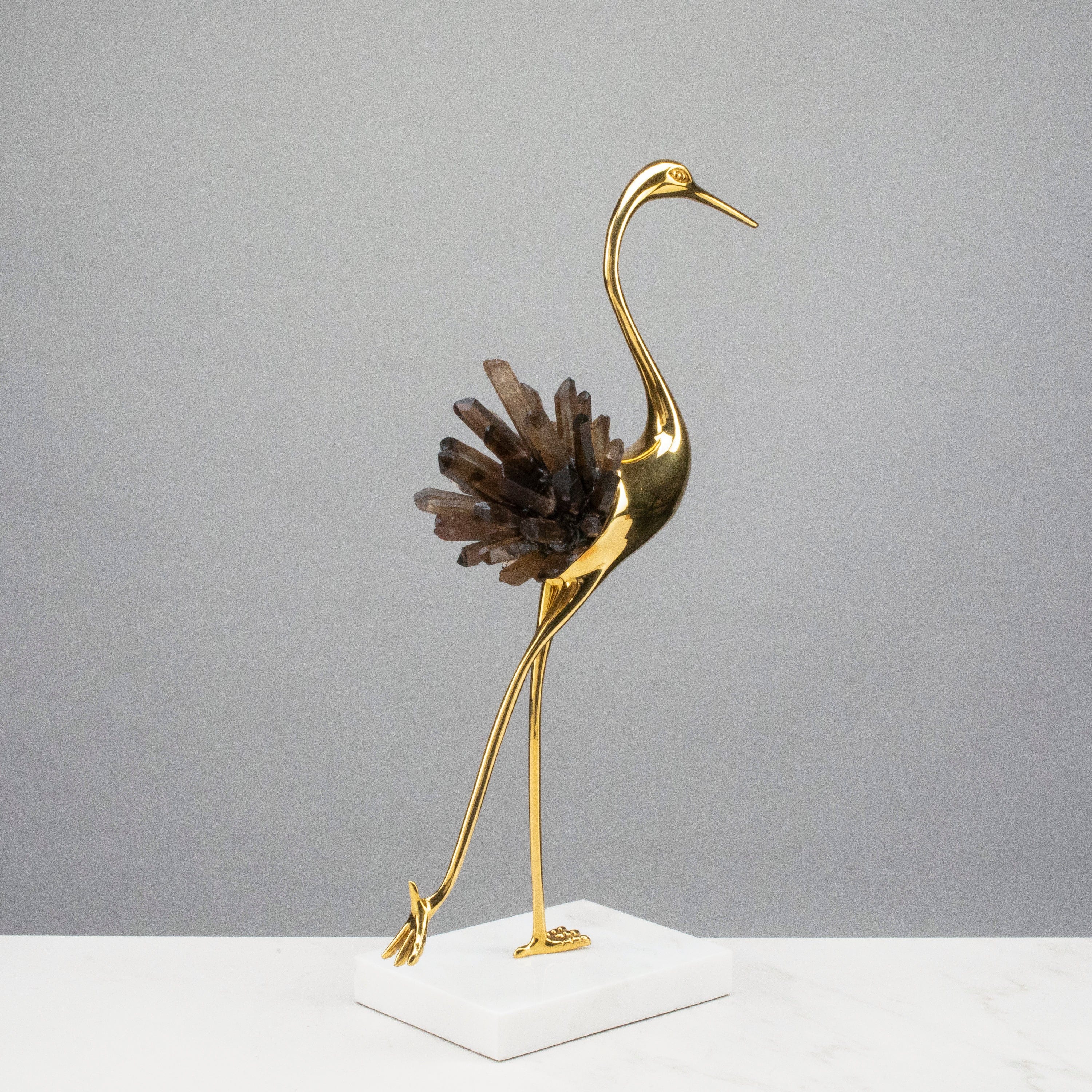 KALIFANO Crystal Home Decor Brass Flamingo with Smoky Quartz Cluster on Marble Stand HG1343B-SQ