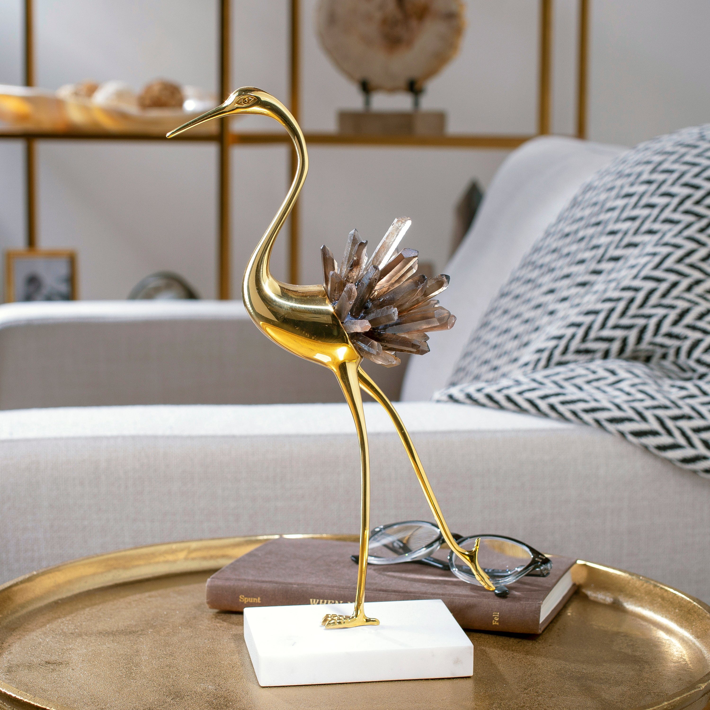 KALIFANO Crystal Home Decor Brass Flamingo with Smoky Quartz Cluster on Marble Stand HG1343B-SQ