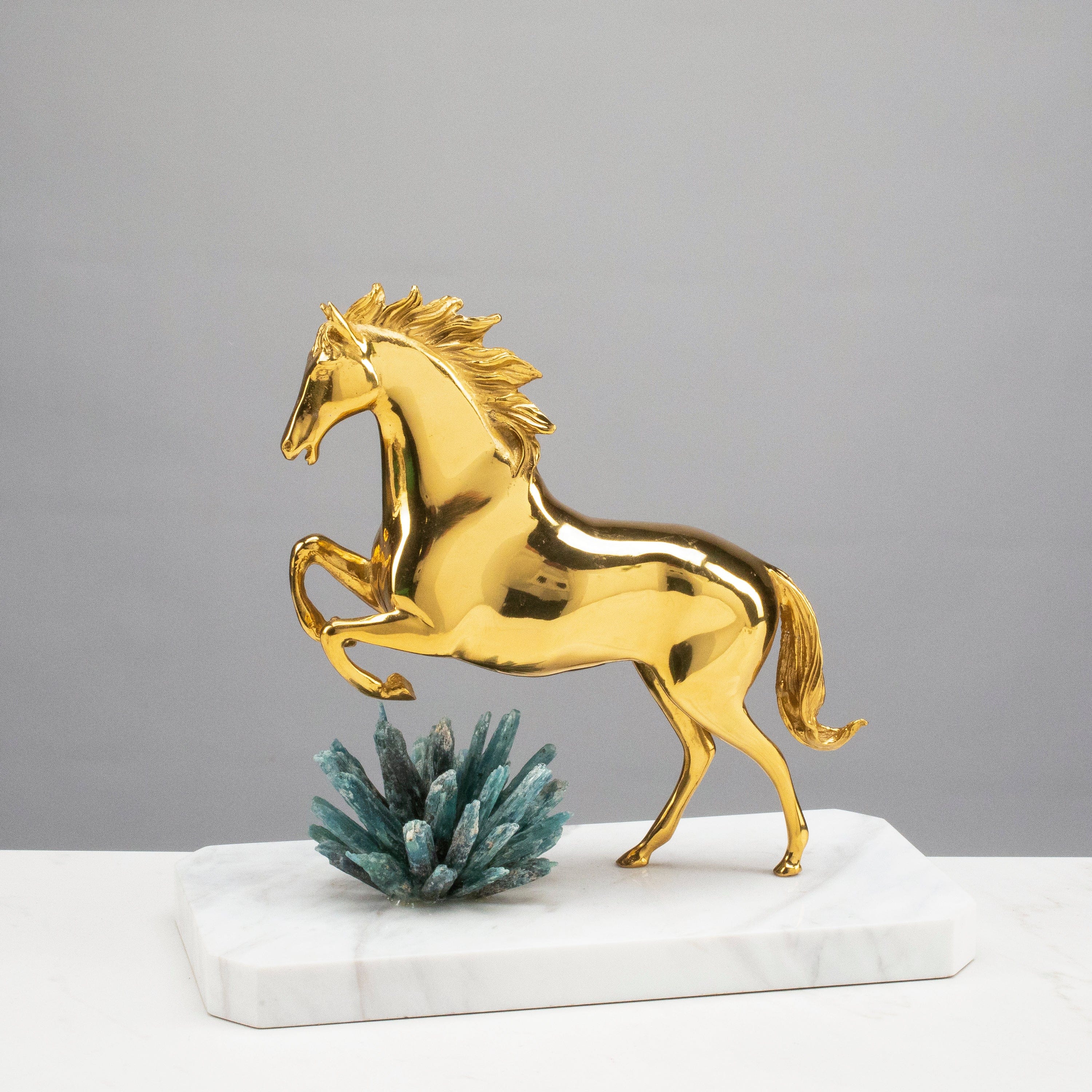 KALIFANO Crystal Home Decor Brass Horse with Kyanite Cluster on Marble Base HG1110-KY