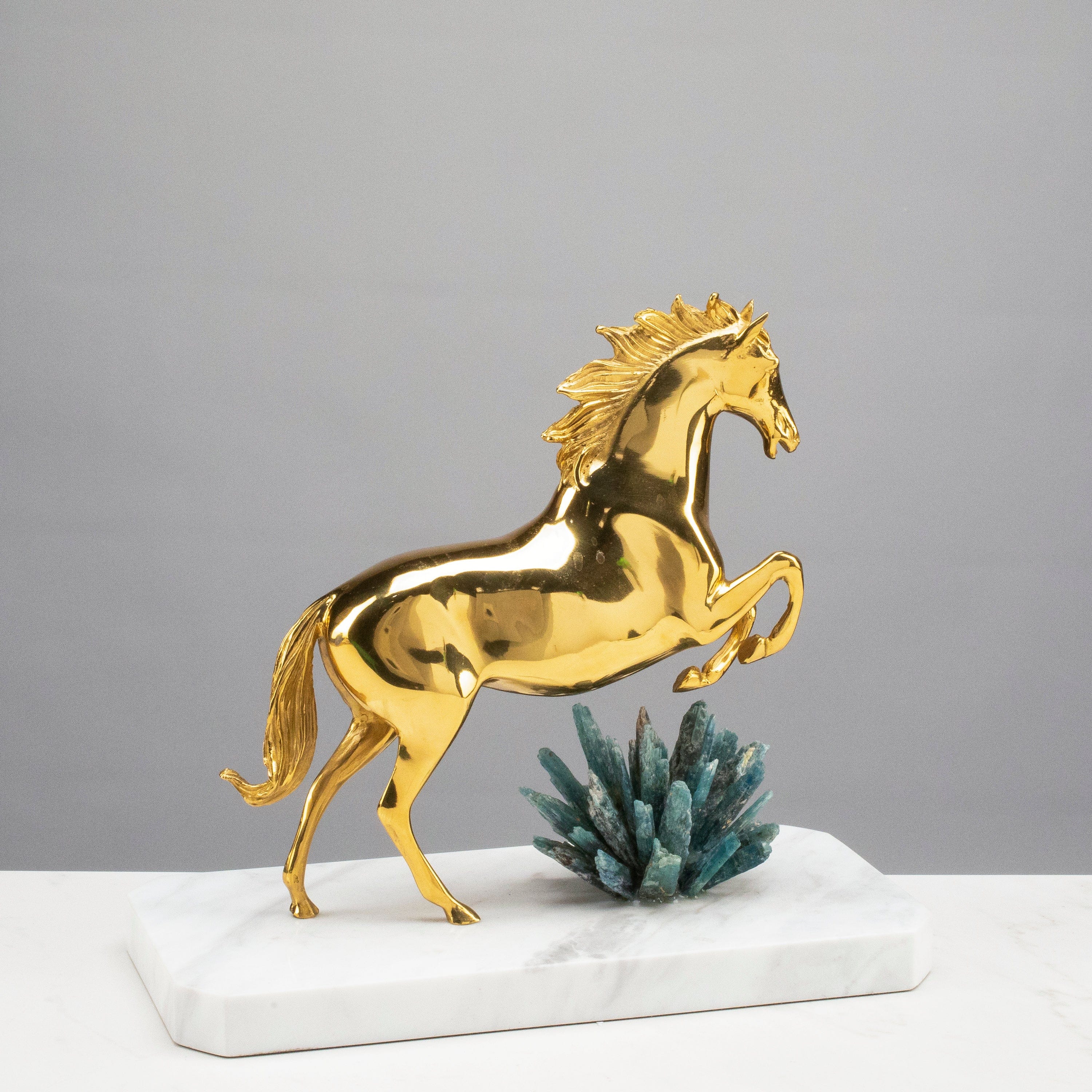 KALIFANO Crystal Home Decor Brass Horse with Kyanite Cluster on Marble Base HG1110-KY