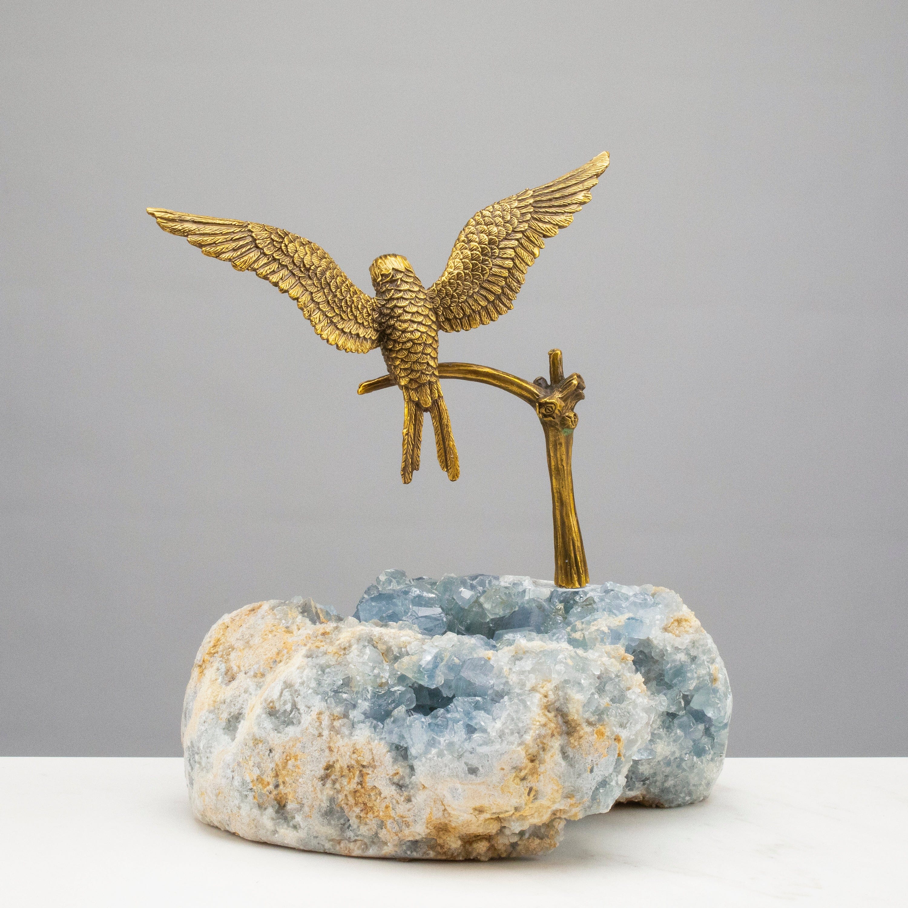 KALIFANO Crystal Home Decor Brass Hummingbird on Blue Celestite Cluster Base HG1478A-CG