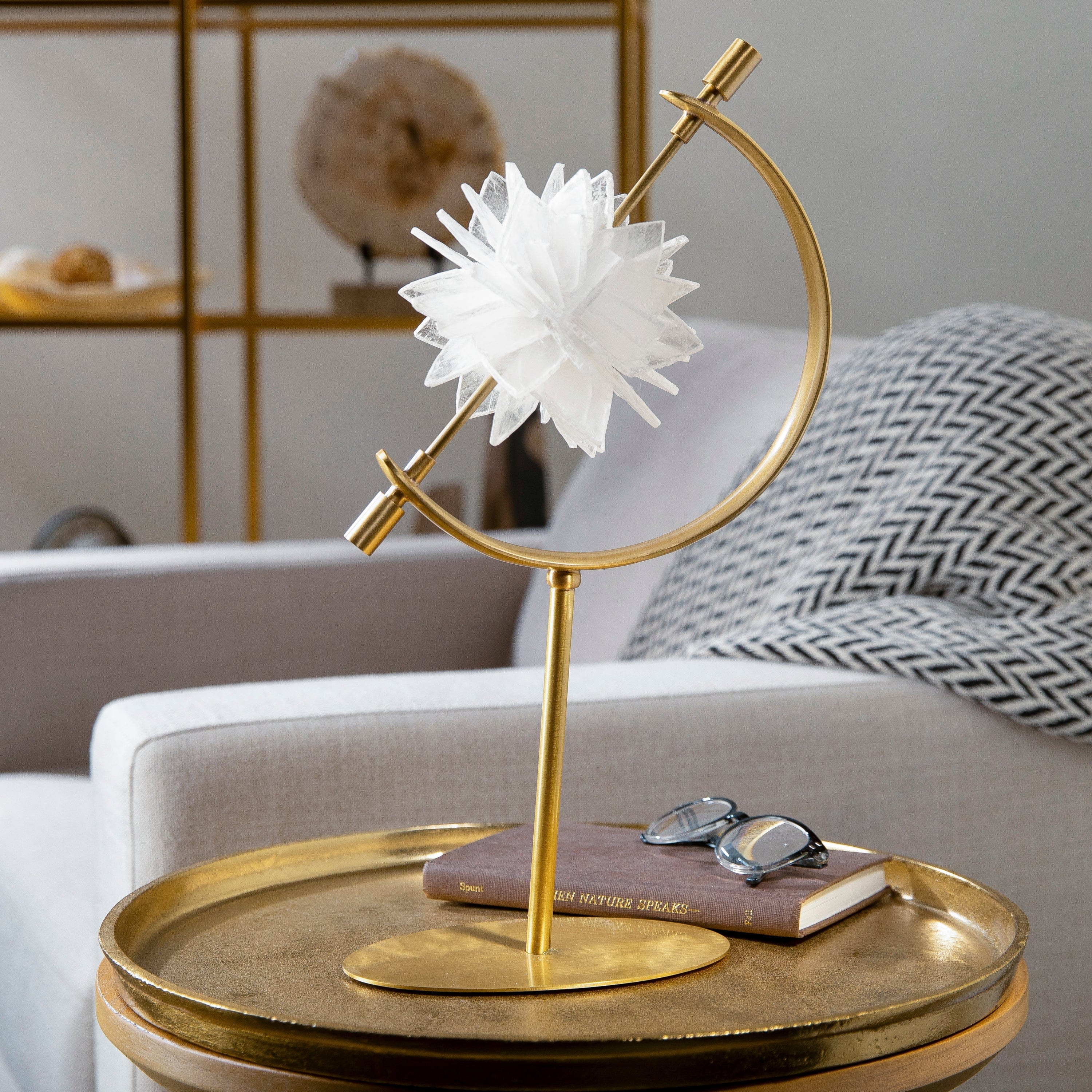 KALIFANO Crystal Home Decor Calcite Flower on Arc Brass Stand HG1457A-SL