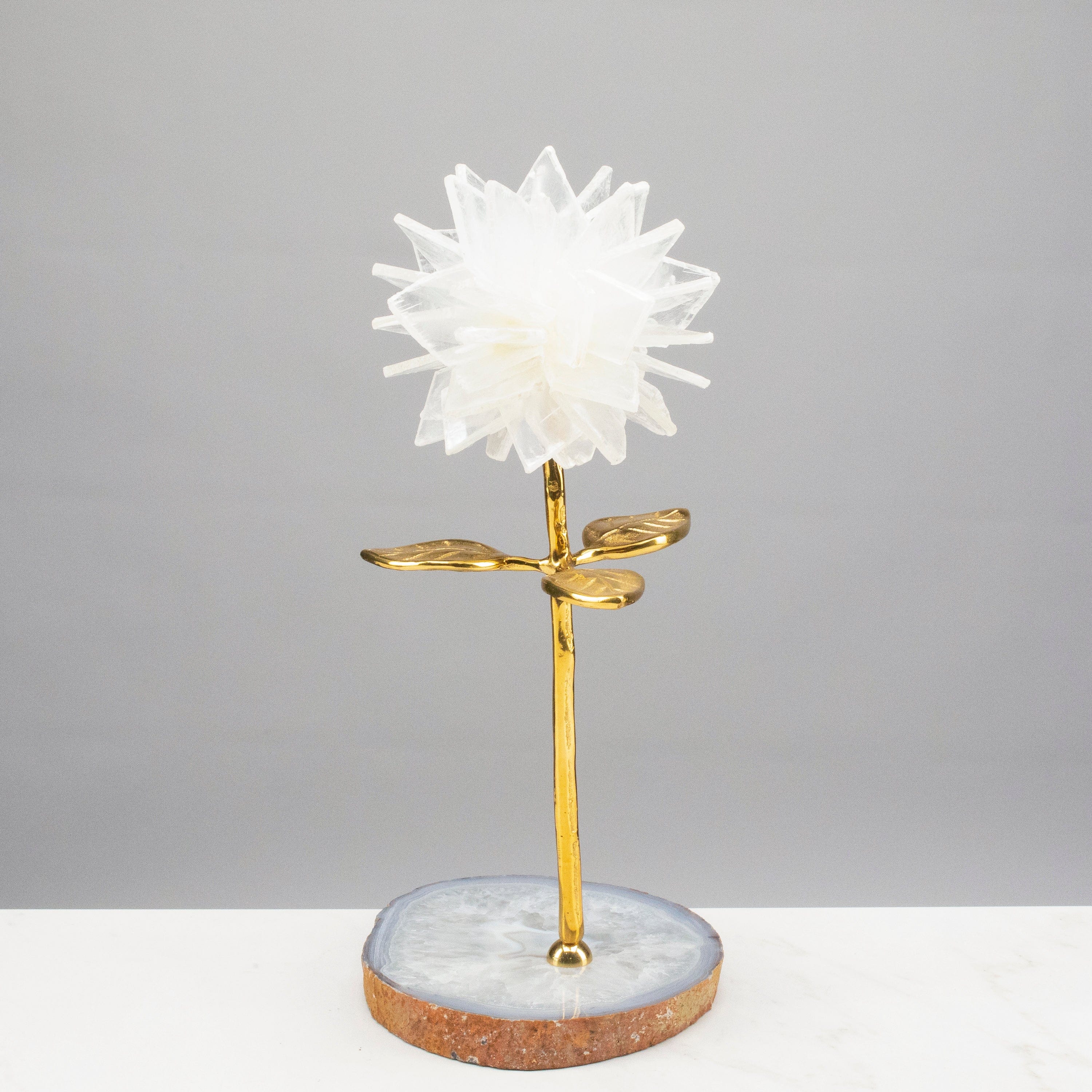 KALIFANO Crystal Home Decor Calcite Flower with Brass Stem on Agate Base HG638B-SL