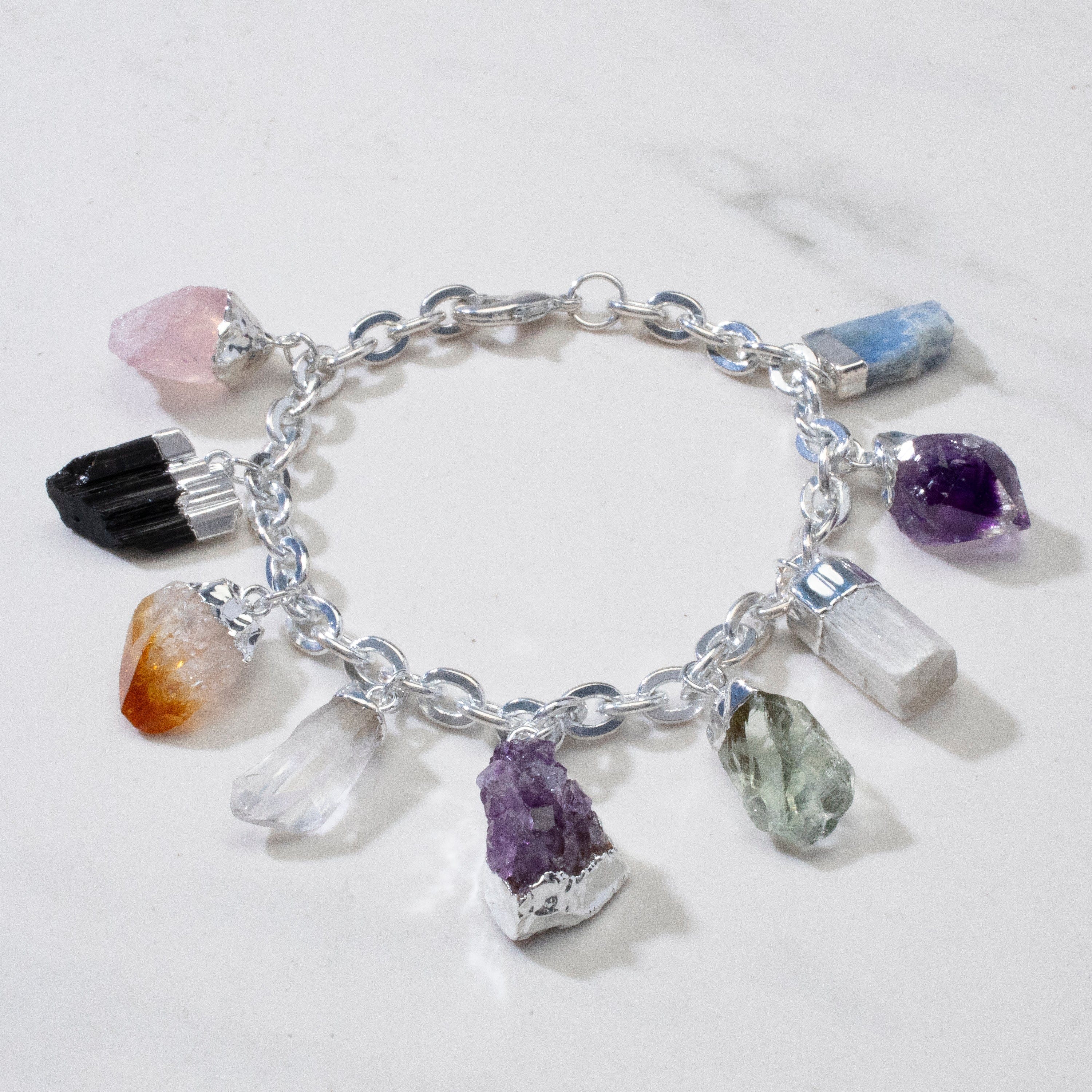 Kalifano Crystal Jewelry 9 Stone Silver Tone Multi-Gem Charm Bracelet CJB-1027-MT