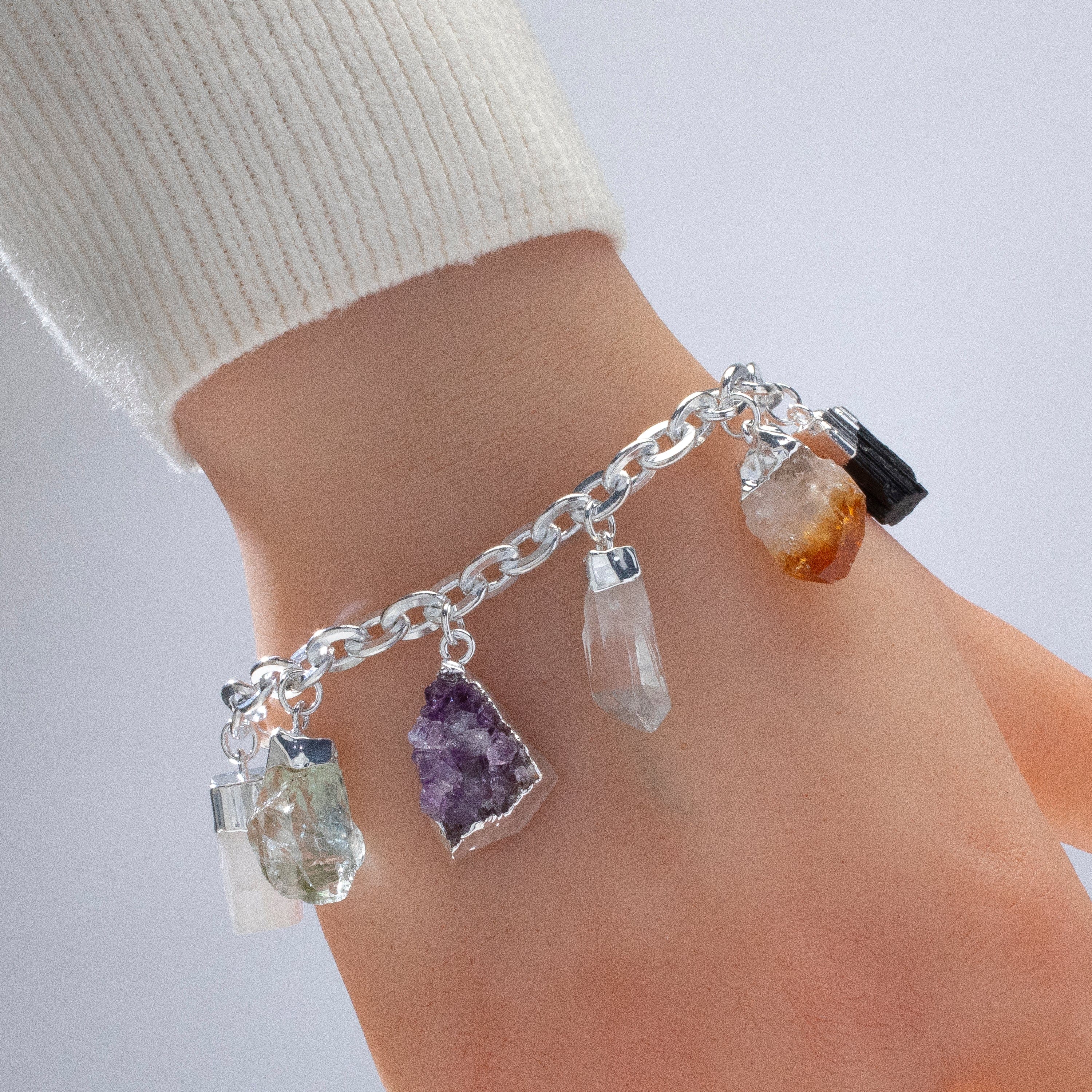 Kalifano Crystal Jewelry 9 Stone Silver Tone Multi-Gem Charm Bracelet CJB-1027-MT