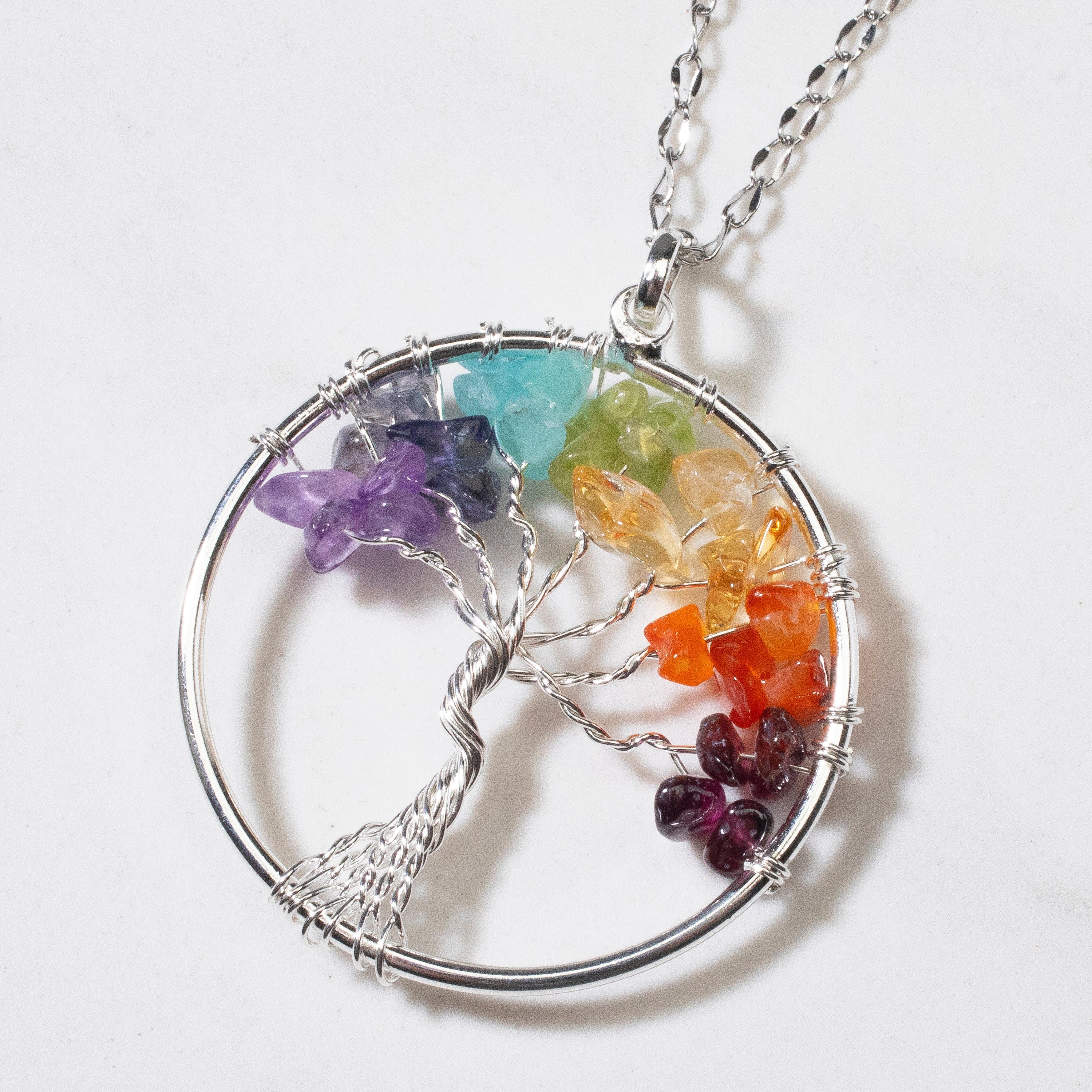 Kalifano Crystal Jewelry Multi Gem Chakra Gemstone Tree of Life Necklace & Stainless Steel Chain CJCN20