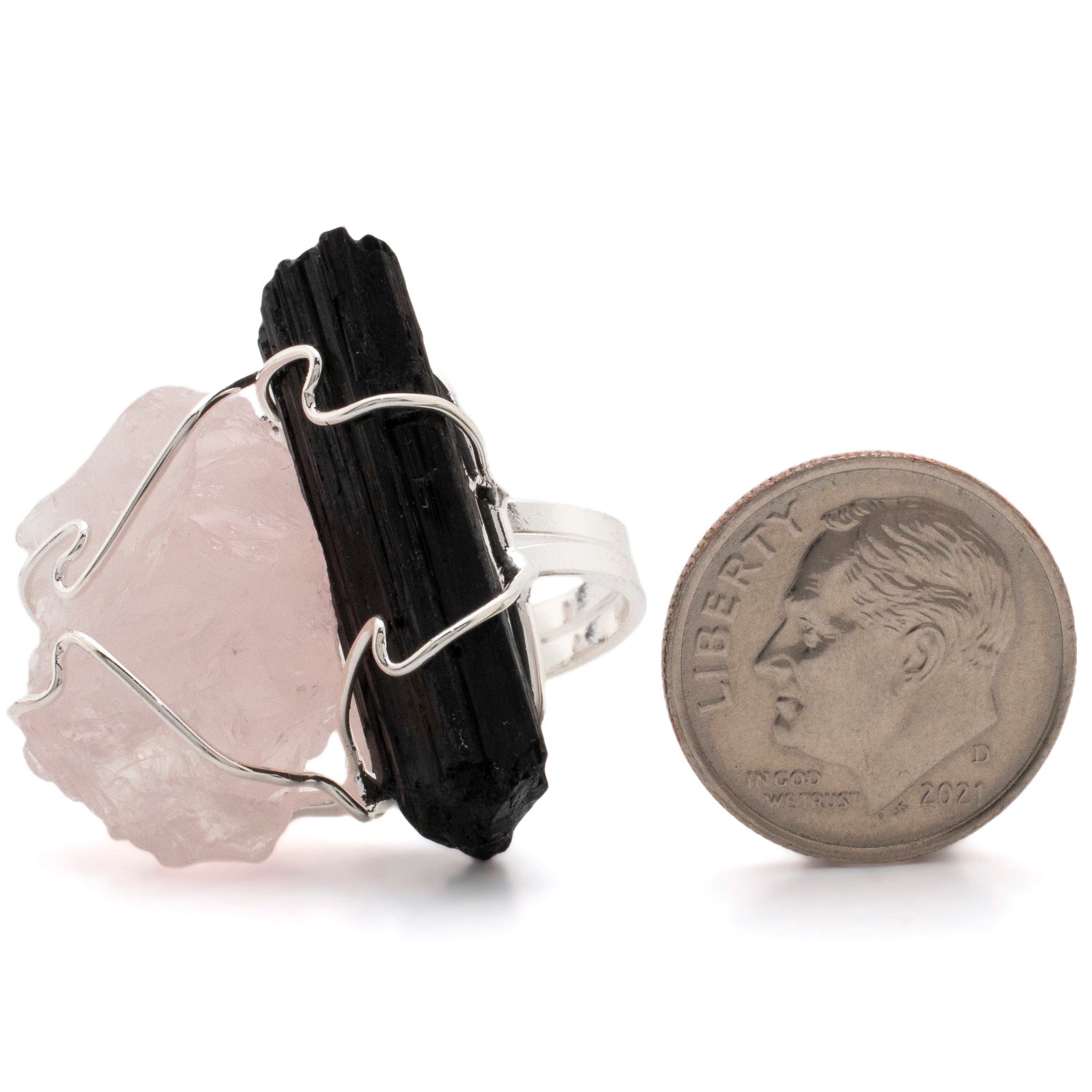 Kalifano Crystal Jewelry Rose Quartz and Black Tourmaline Adjustable Ring CJR-507-R+T