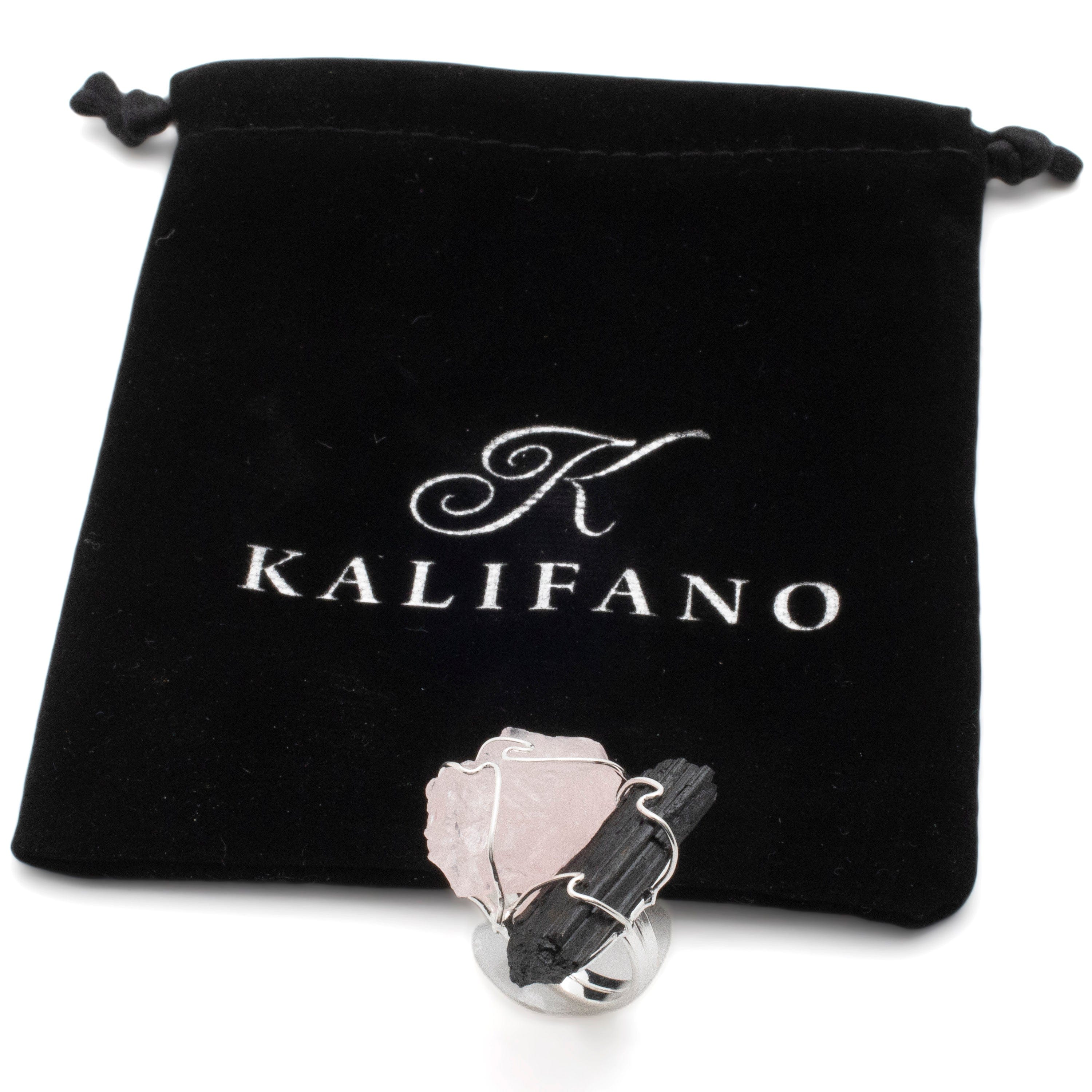 Kalifano Crystal Jewelry Rose Quartz and Black Tourmaline Adjustable Ring CJR-507-R+T