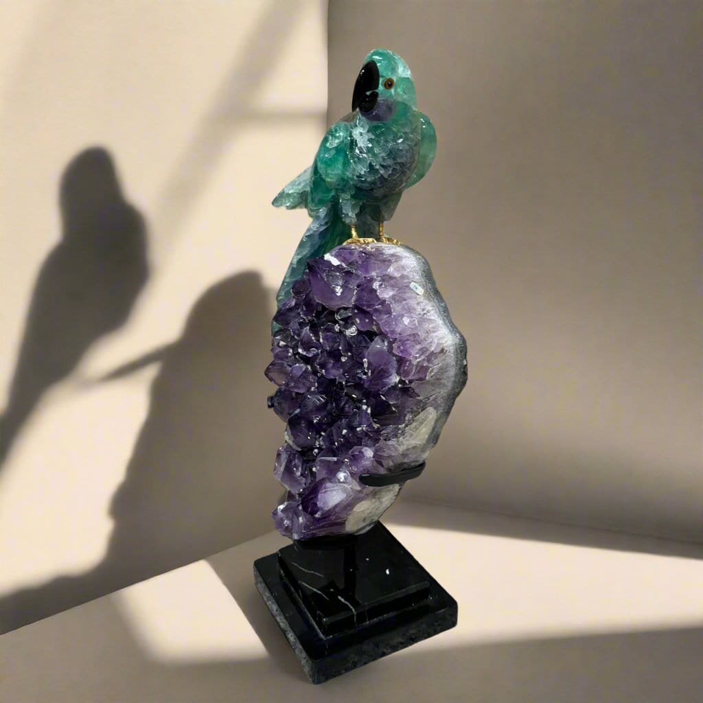 KALIFANO Fluorite Parrot Carving on Amethyst Geode Base - 21" LB40000.001