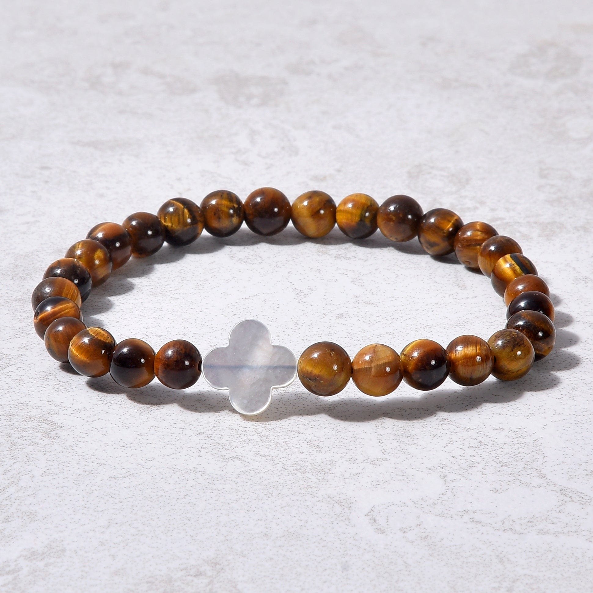 Kalifano Gemstone Bracelets 6mm Tiger Eye Stretch Bracelet with Mother of Pearl Clover