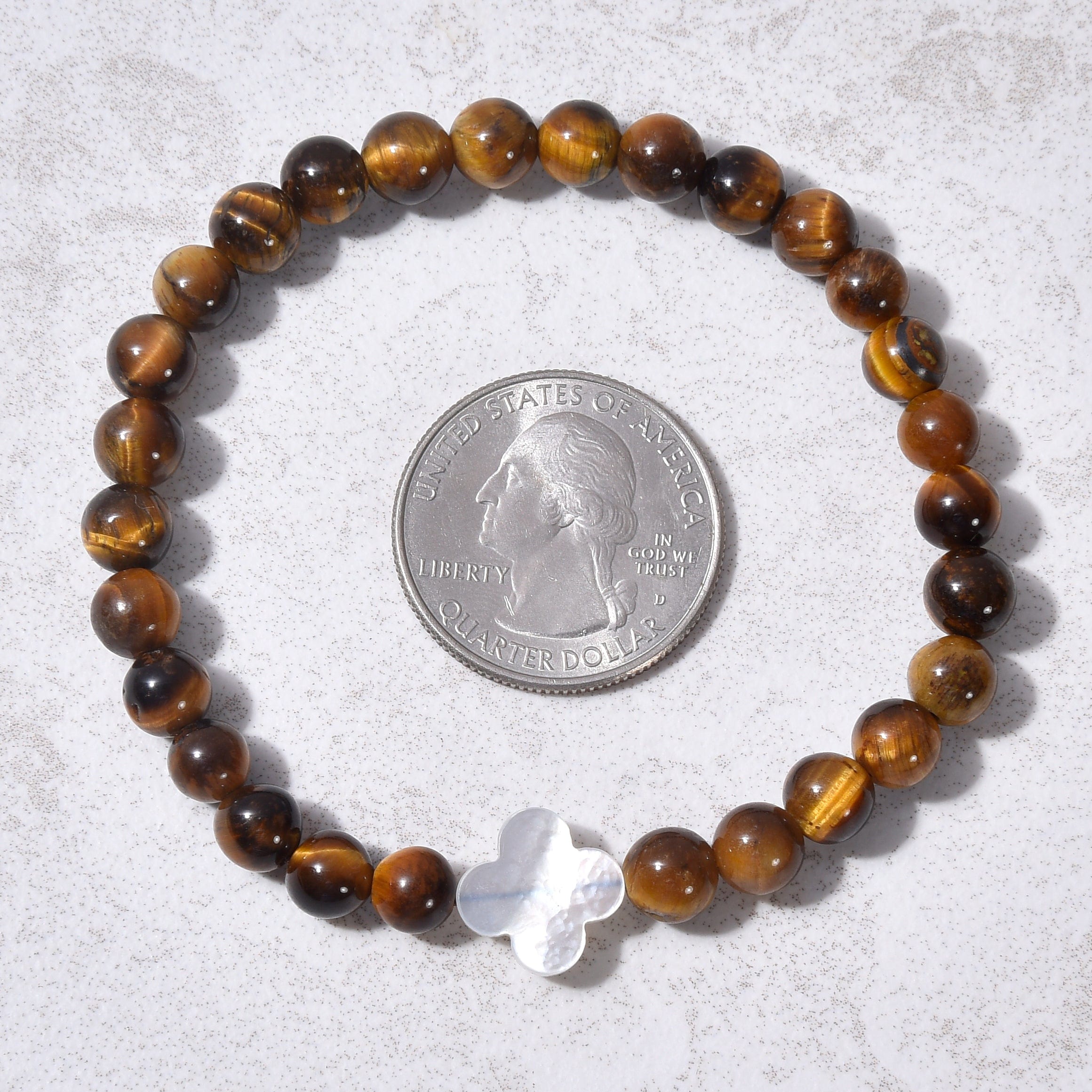 Kalifano Gemstone Bracelets 6mm Tiger Eye Stretch Bracelet with Mother of Pearl Clover