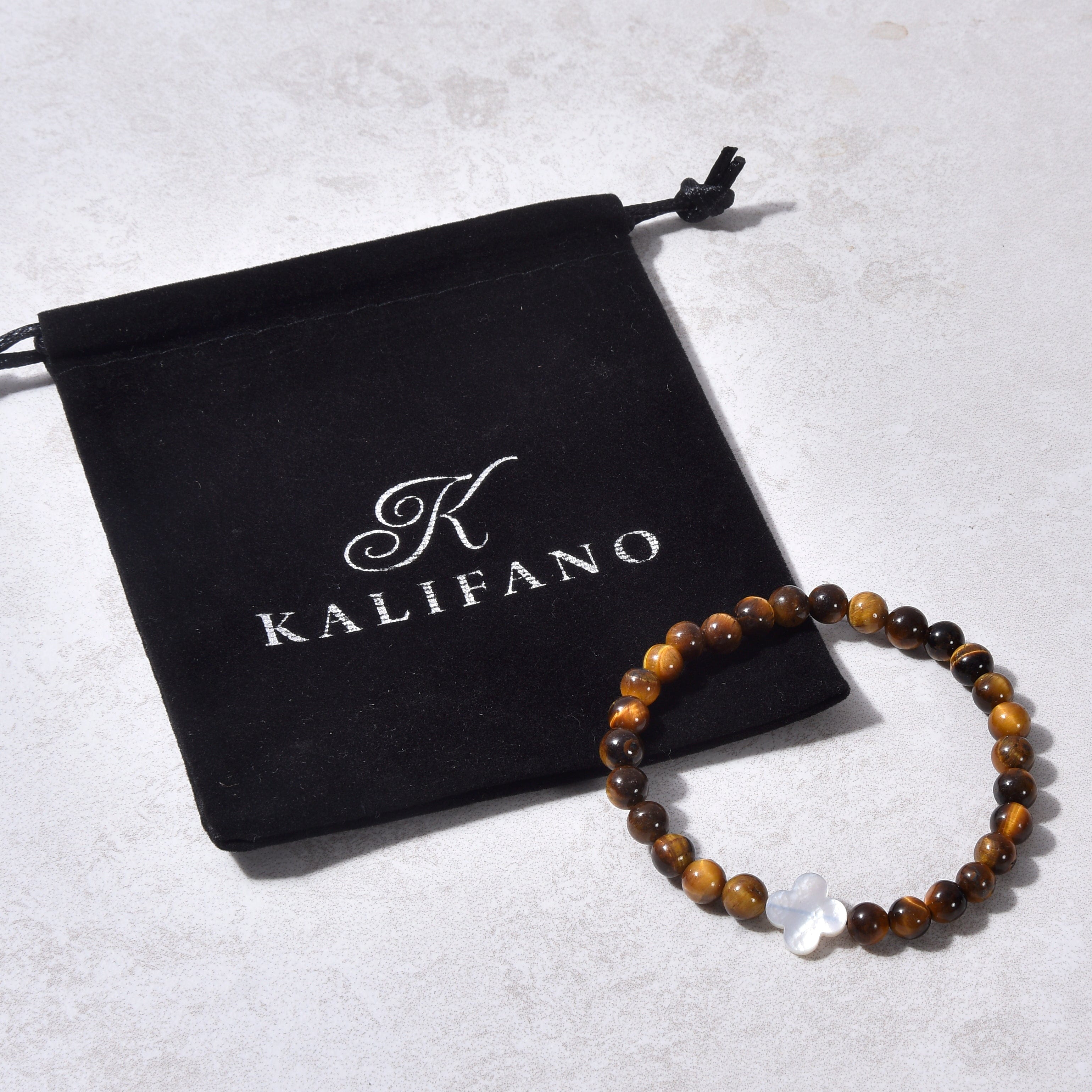 Kalifano Gemstone Bracelets 6mm Tiger Eye Stretch Bracelet with Mother of Pearl Clover