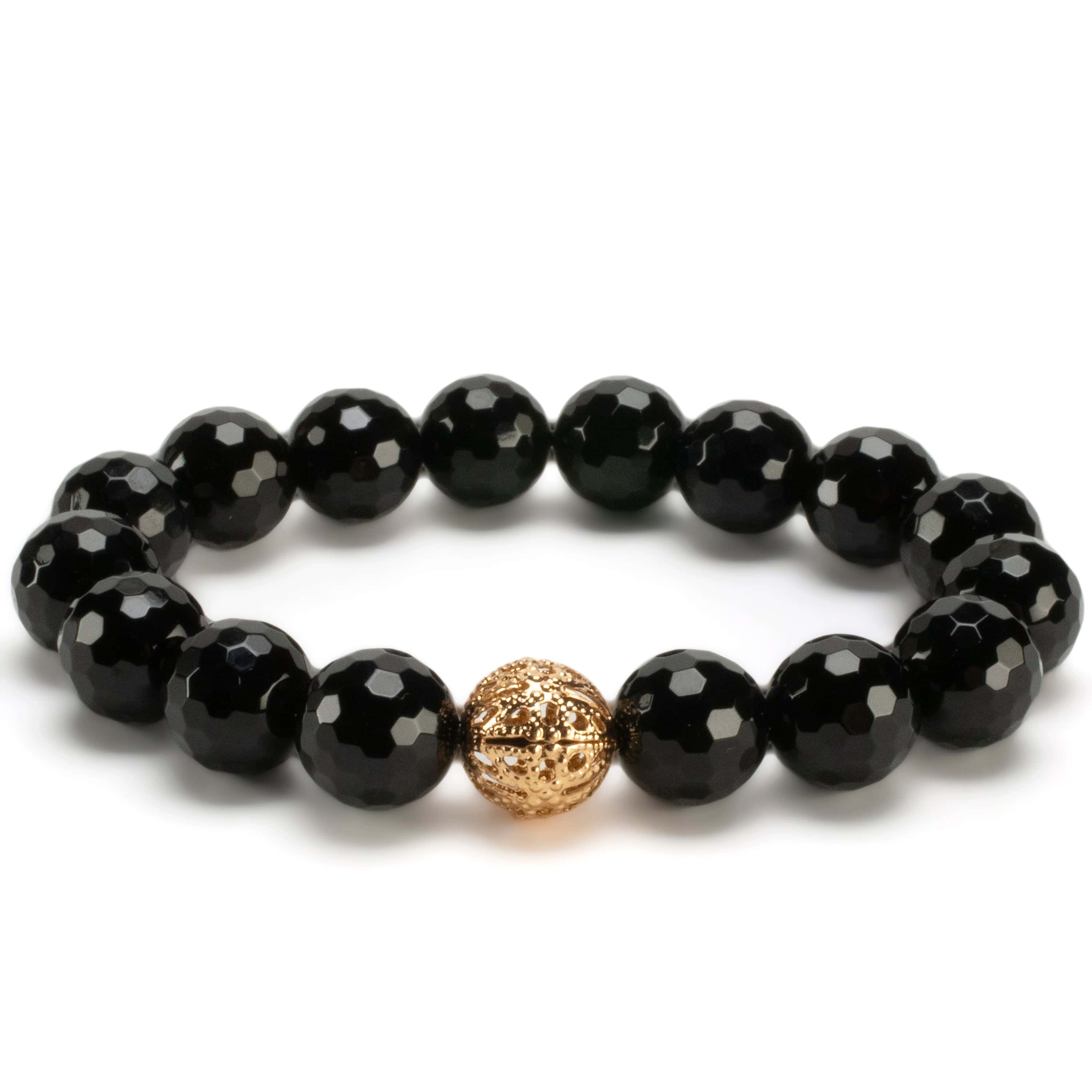 Kalifano Gemstone Bracelets Black Agate 12mm Beads with Gold Accent Bead Elastic Gemstone Bracelet RED-BGP-067