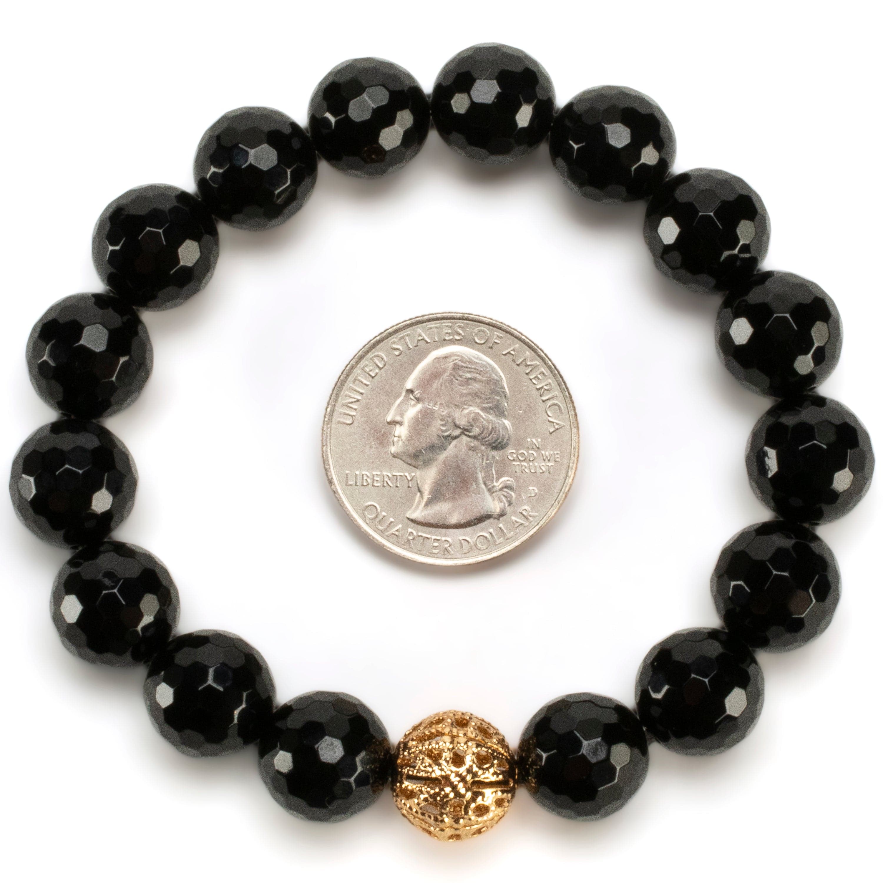 Kalifano Gemstone Bracelets Black Agate 12mm Beads with Gold Accent Bead Elastic Gemstone Bracelet RED-BGP-067