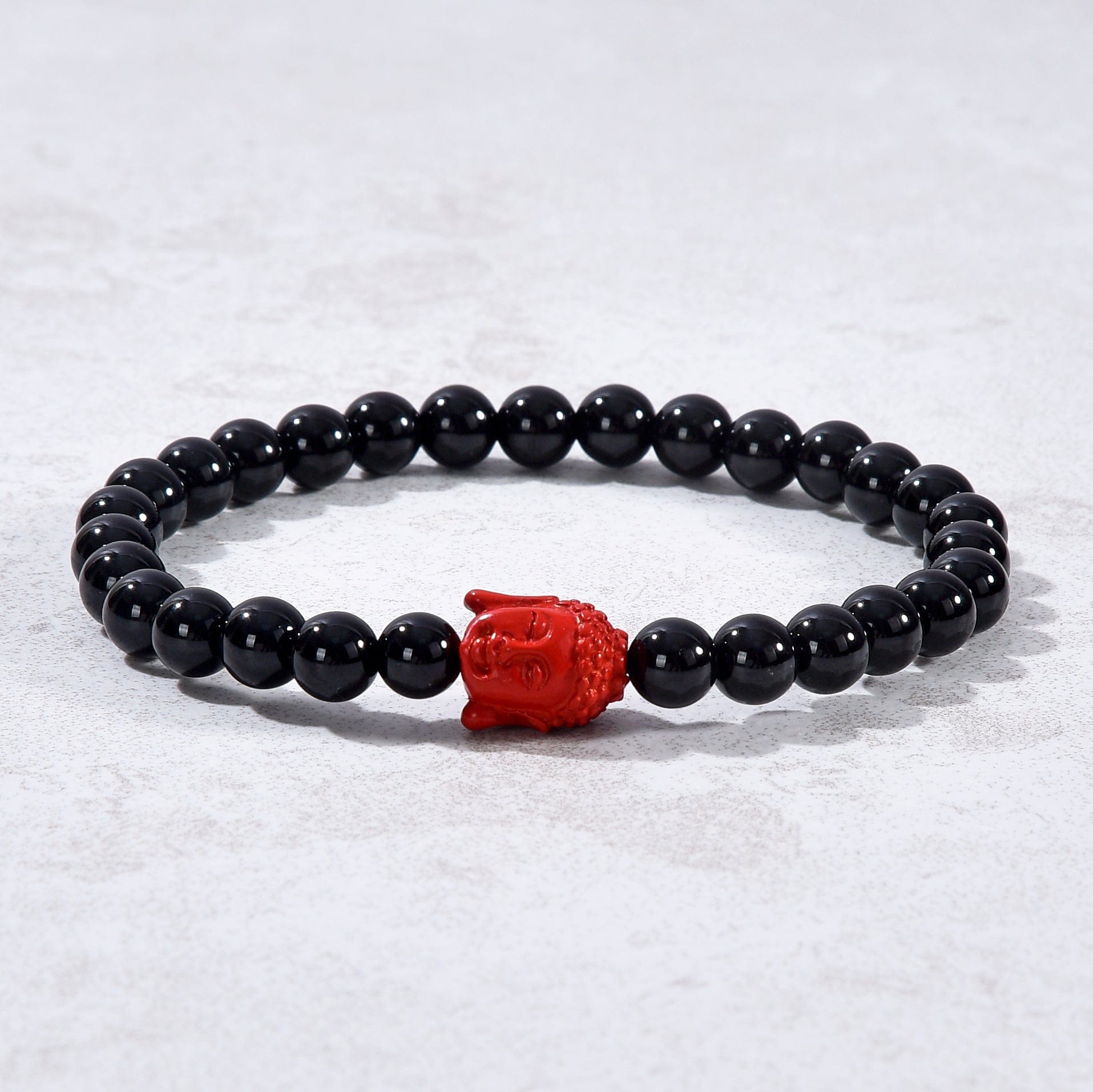 Kalifano Gemstone Bracelets Black Agate 6mm Elastic Gemstone Bracelet with Cinnabar Buddha