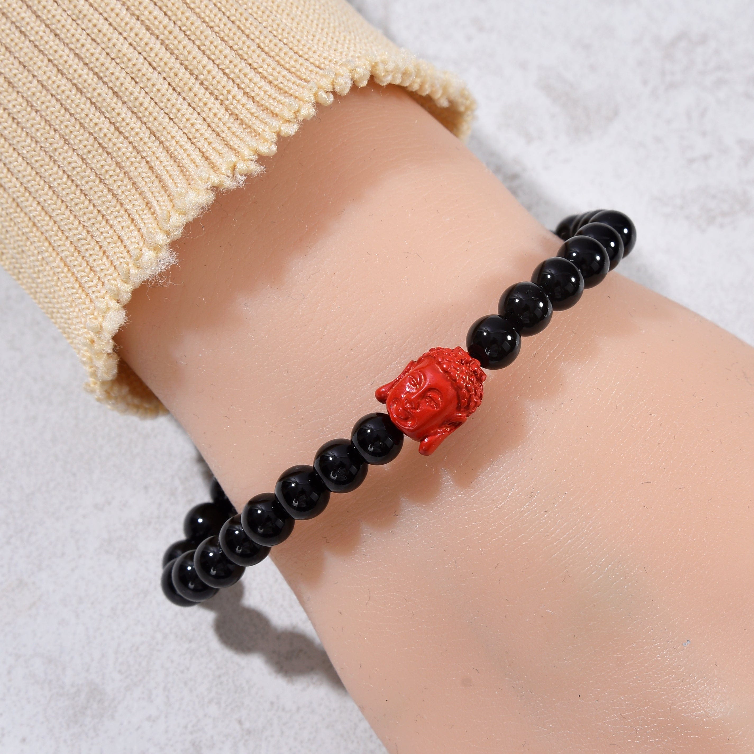 Kalifano Gemstone Bracelets Black Agate 6mm Elastic Gemstone Bracelet with Cinnabar Buddha