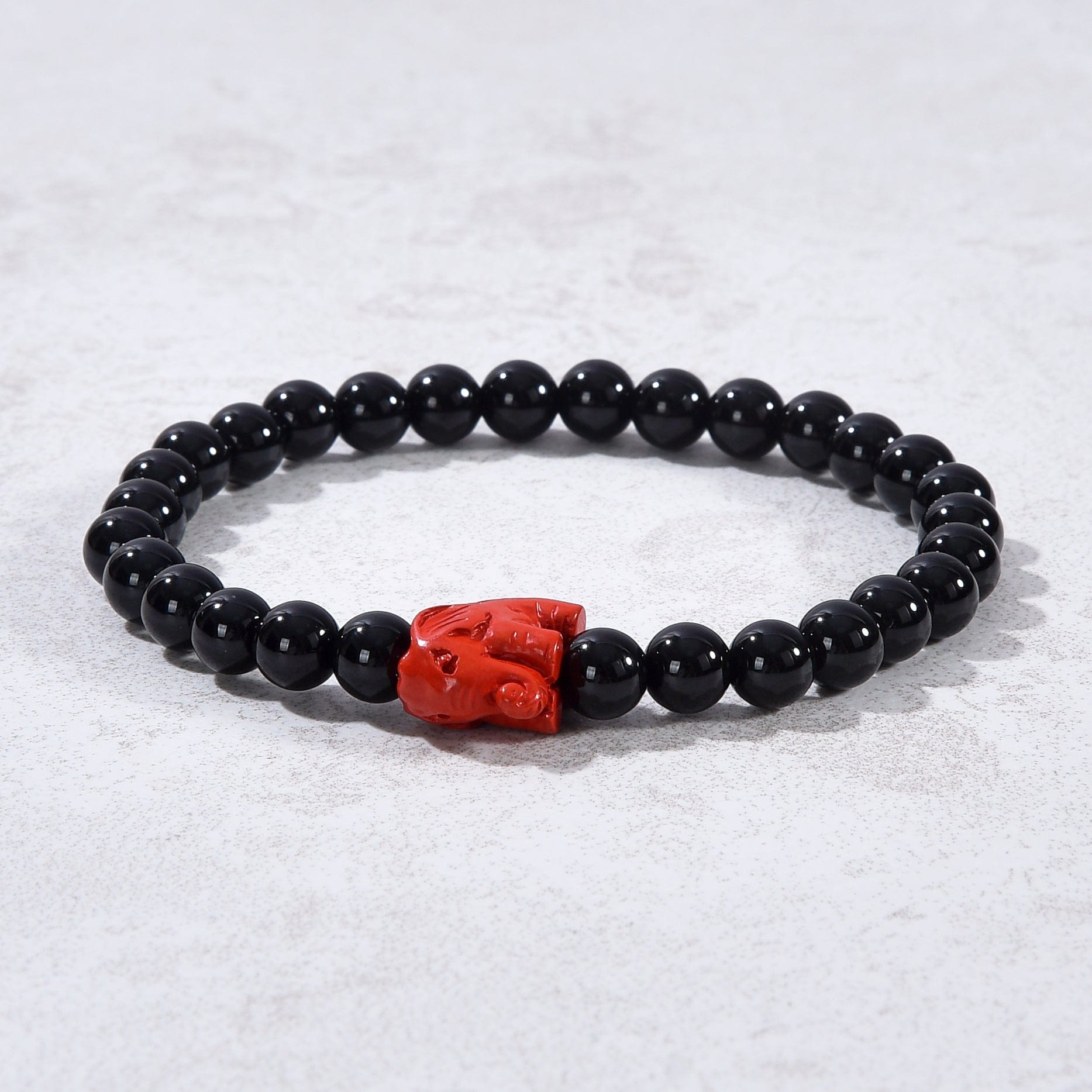 Kalifano Gemstone Bracelets Black Agate 6mm Elastic Gemstone Bracelet with Cinnabar Elephant