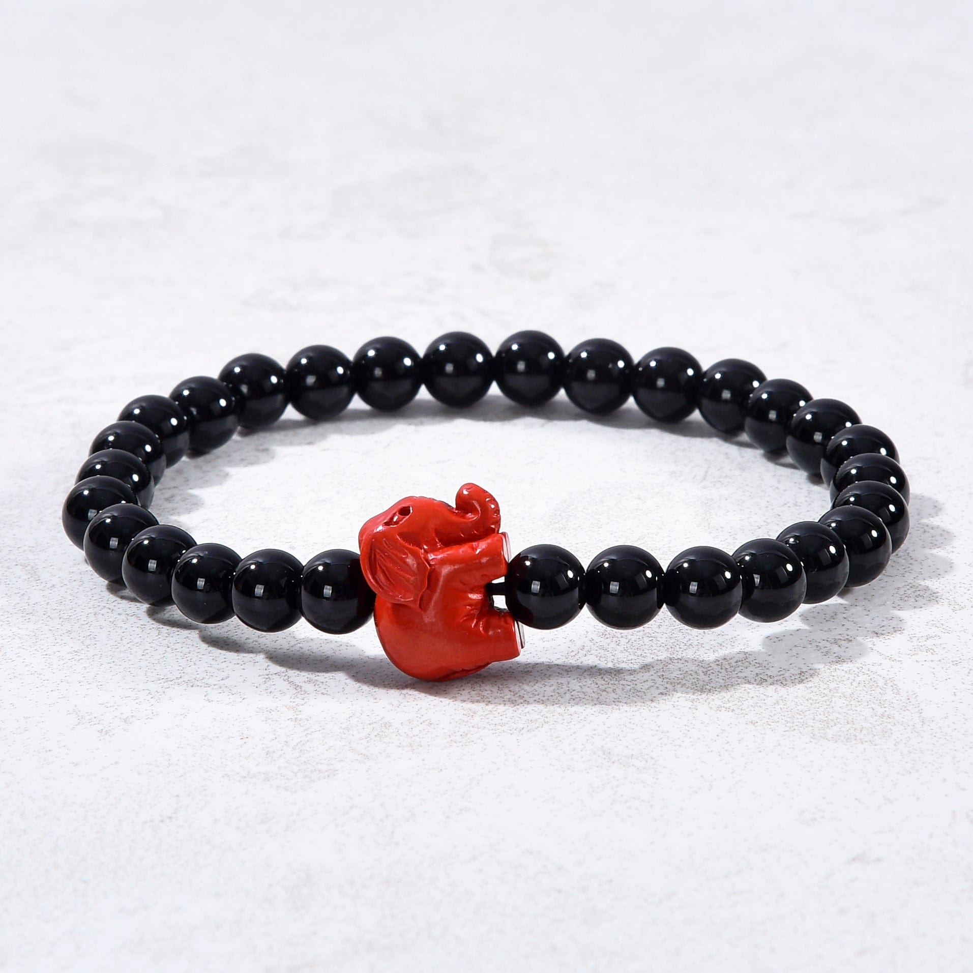 Kalifano Gemstone Bracelets Black Agate 6mm Elastic Gemstone Bracelet with Cinnabar Elephant