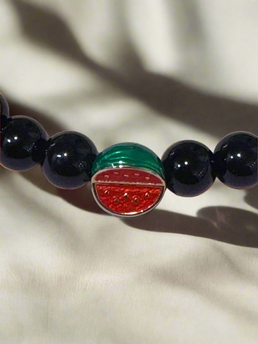 Kalifano Gemstone Bracelets Black Agate and Watermelon Charm Elastic Gemstone Bracelet BLUE-BGP-071-S
