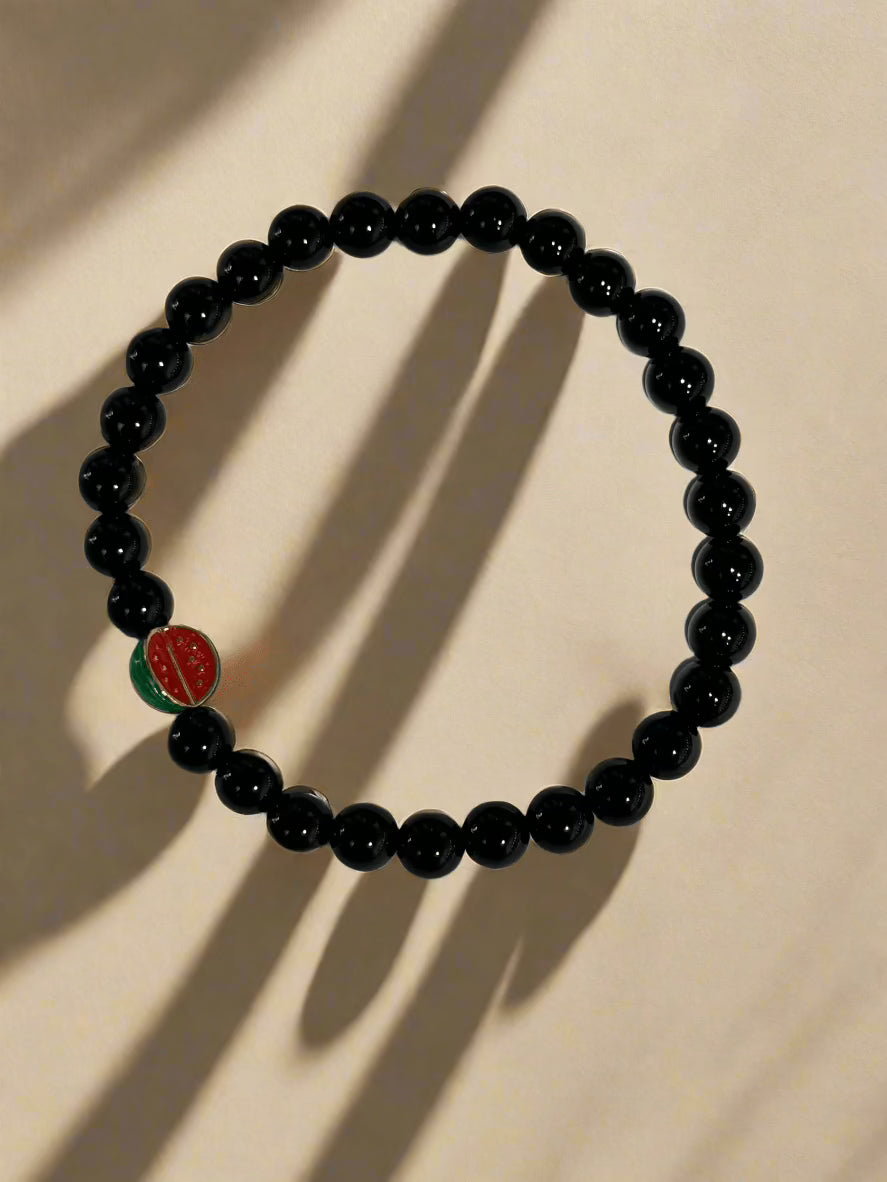 Kalifano Gemstone Bracelets Black Agate and Watermelon Charm Elastic Gemstone Bracelet BLUE-BGP-071-S