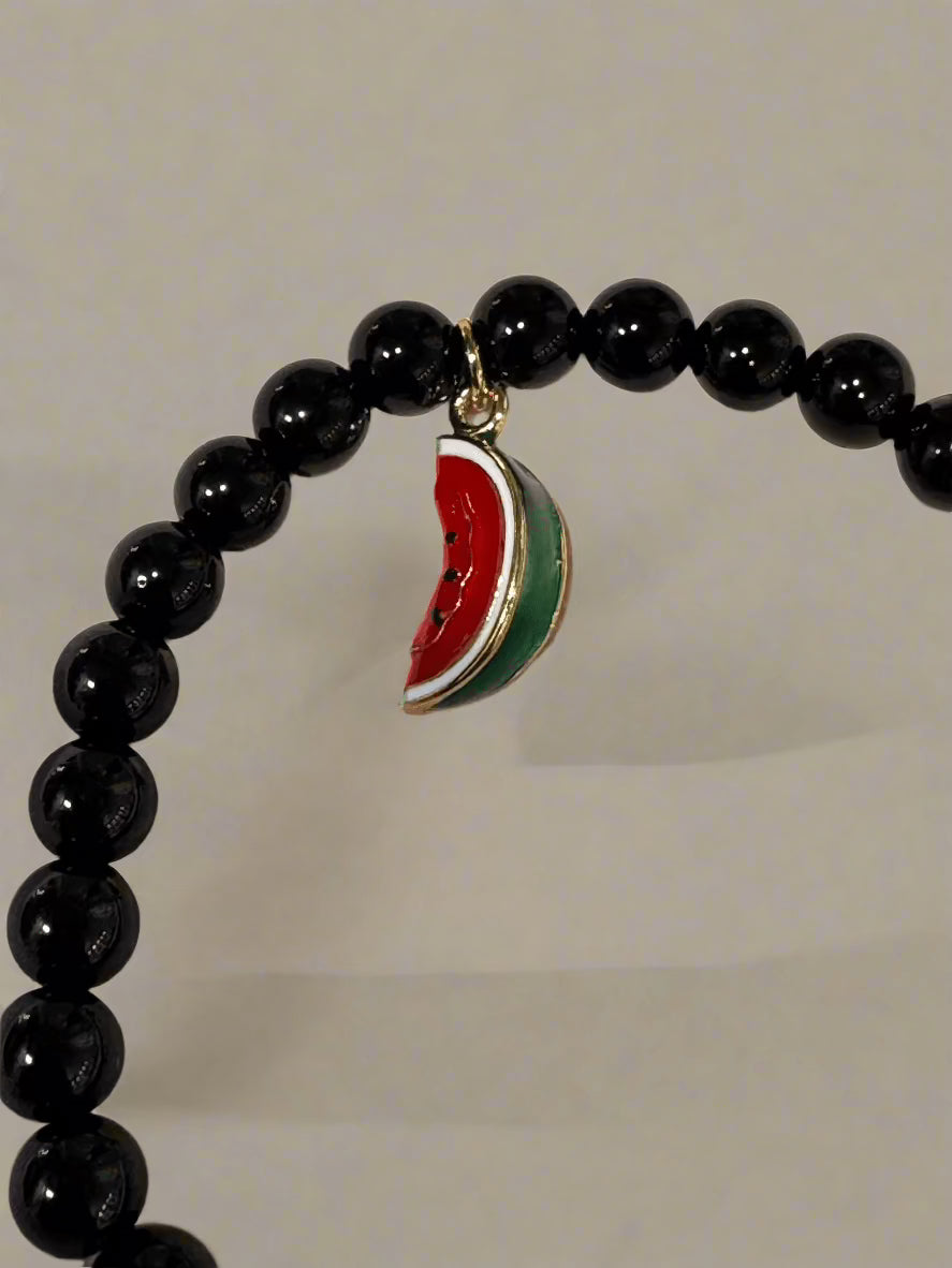 Kalifano Gemstone Bracelets Black Agate and Watermelon Slice Elastic Gemstone Bracelet BLUE-BGP-072-S