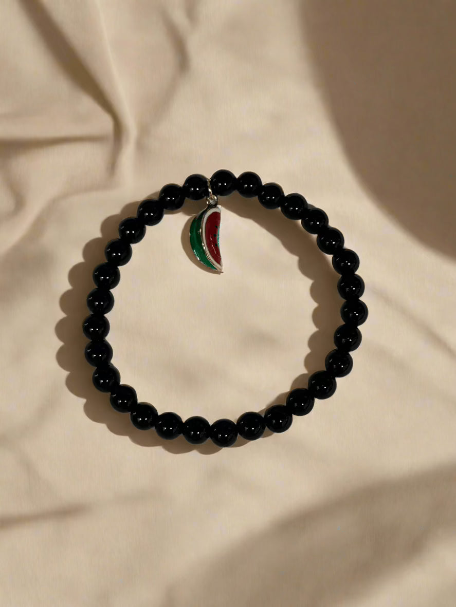 Kalifano Gemstone Bracelets Black Agate and Watermelon Slice Elastic Gemstone Bracelet BLUE-BGP-072-S