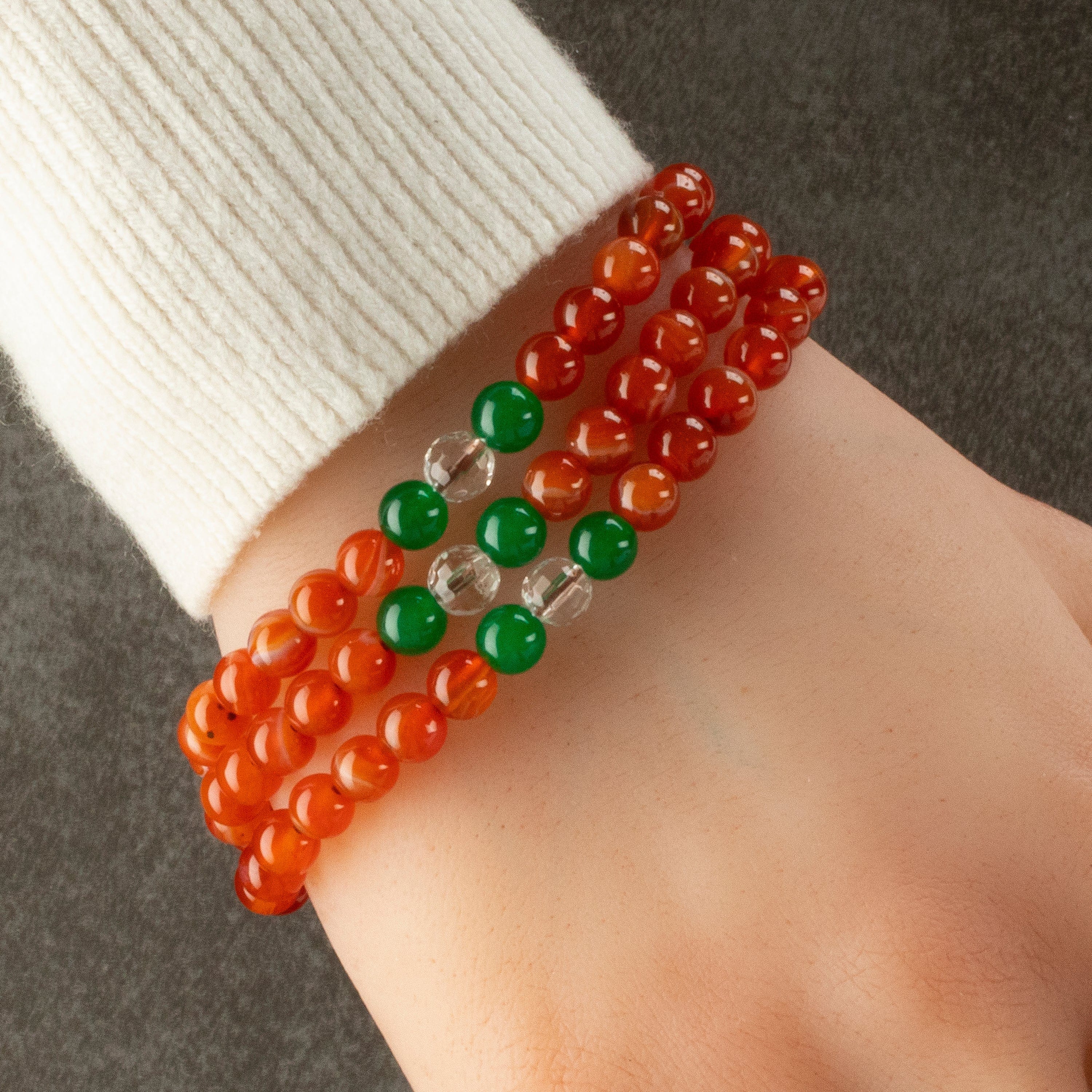 Kalifano Gemstone Bracelets Carnelian 6mm Beads with Aventurine & Quartz Accent Beads Triple Wrap Gemstone Elastic Bracelet WHITE-BGI3-074