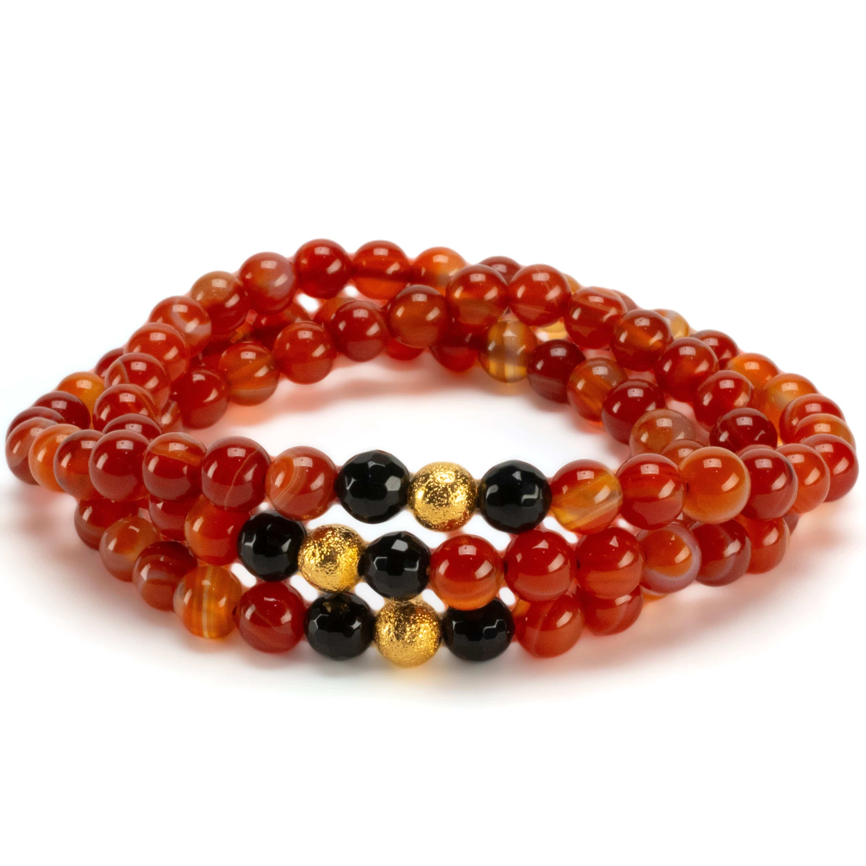 Kalifano Gemstone Bracelets Carnelian 6mm Beads with Black Agate & Gold Accent Beads Triple Wrap Gemstone Elastic Bracelet WHITE-BGI3-075