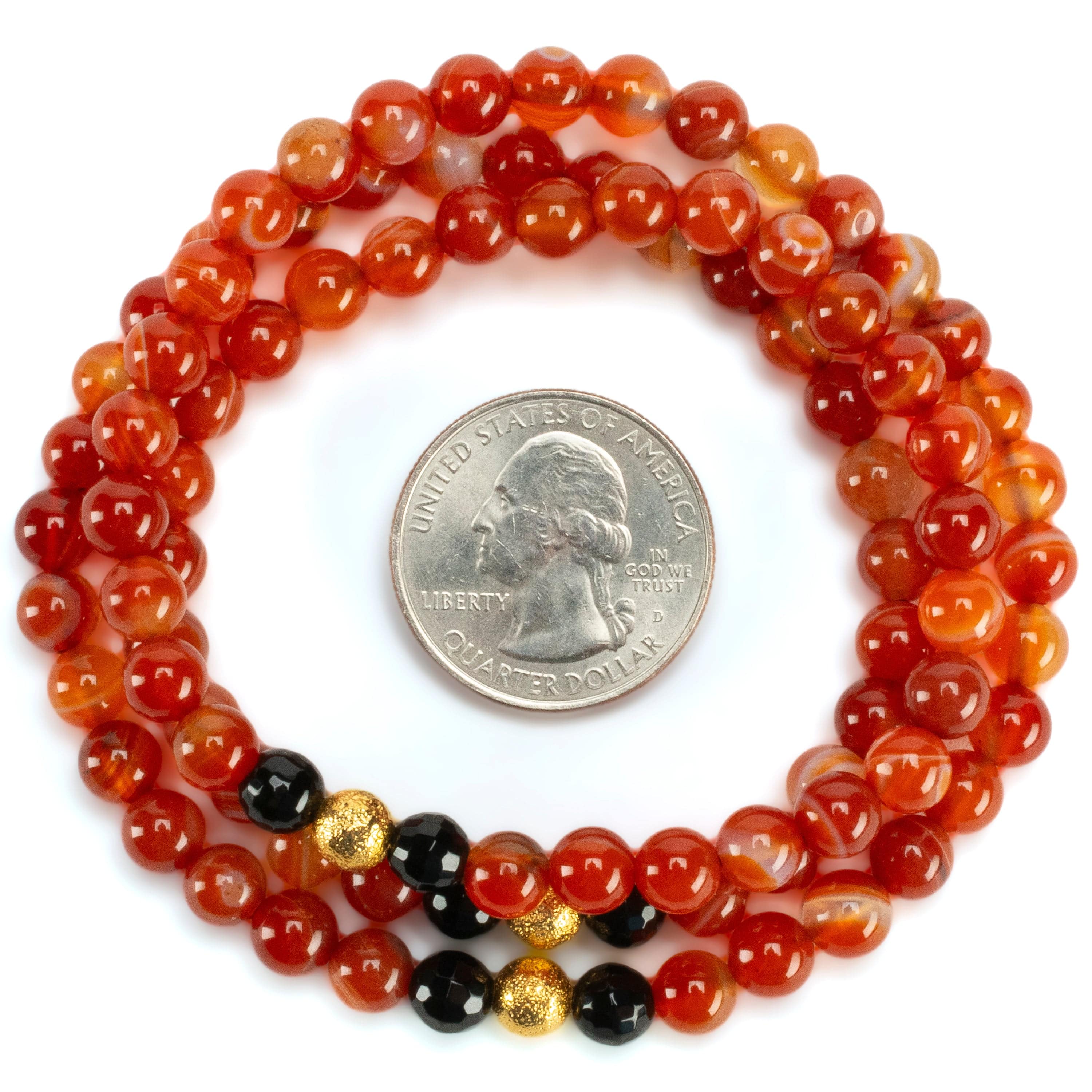 Kalifano Gemstone Bracelets Carnelian 6mm Beads with Black Agate & Gold Accent Beads Triple Wrap Gemstone Elastic Bracelet WHITE-BGI3-075