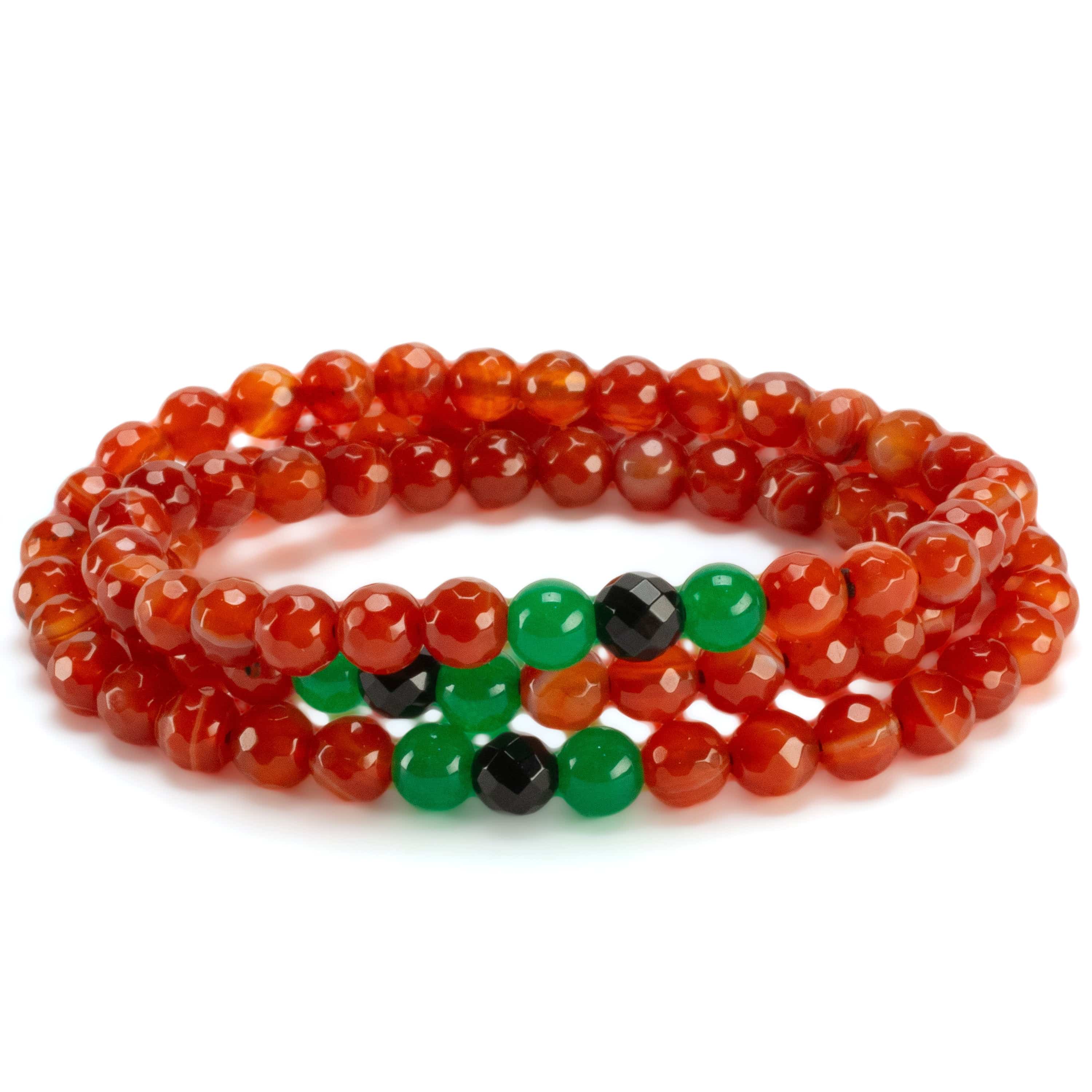 Kalifano Gemstone Bracelets Carnelian 6mm Faceted Beads with Aventurine & Black Agate Accents Triple Wrap Gemstone Bead Elastic Bracelet WHITE-BGI3-073