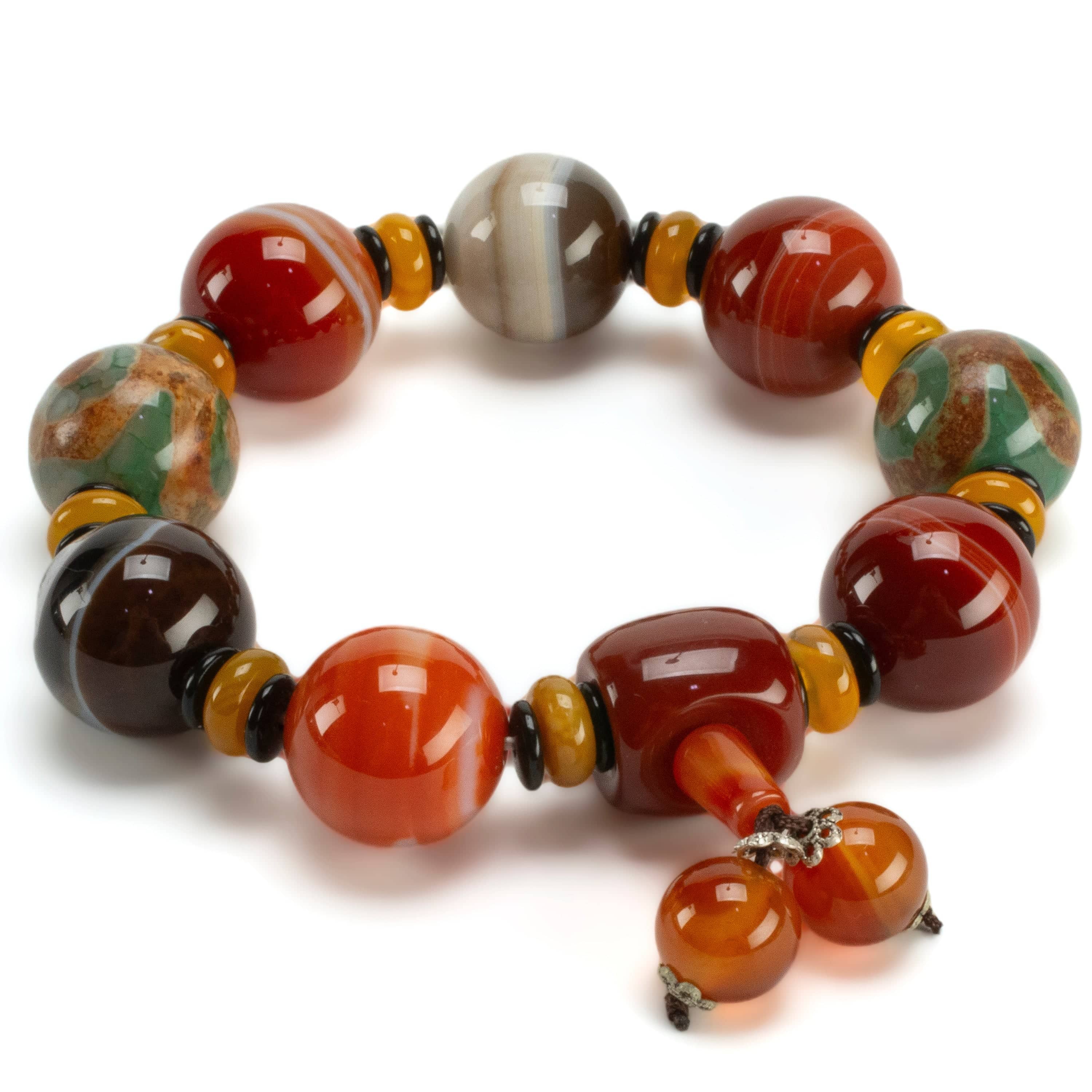 Kalifano Gemstone Bracelets Carnelian & Agate 20mm Bead Gemstone Elastic Bracelet with Tassel WHITE-BGP-064