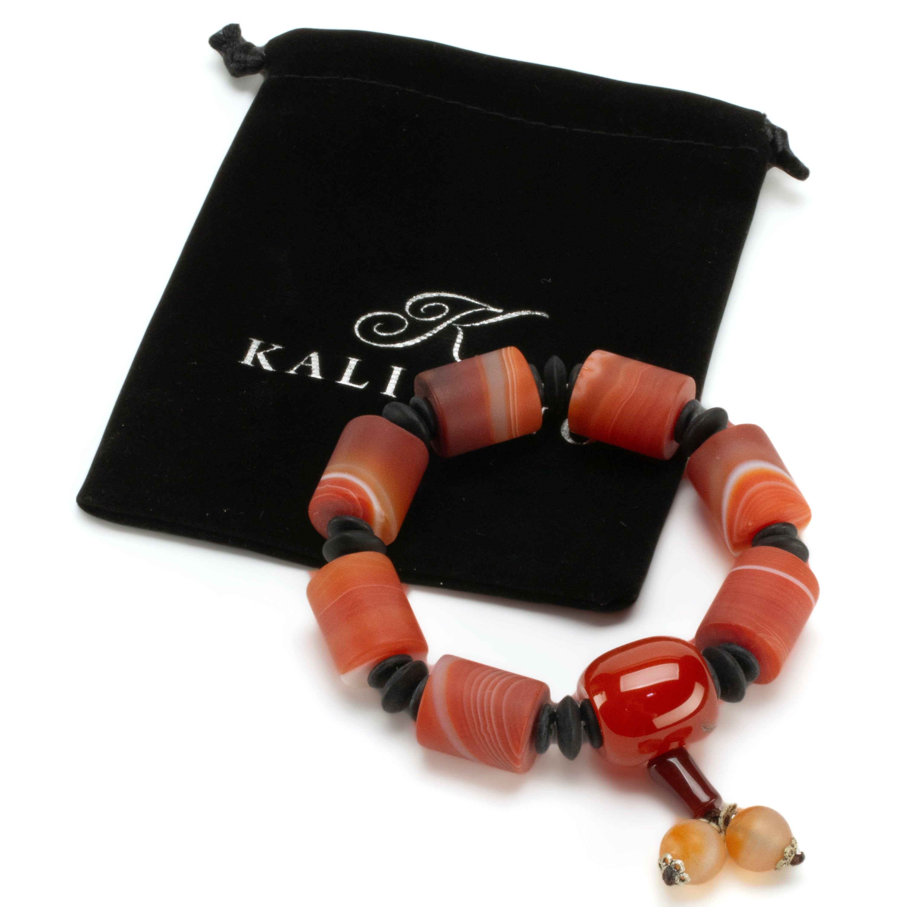 Kalifano Gemstone Bracelets Carnelian & Black Agate Gemstone Elastic Bracelet with Tassel WHITE-BGP-059